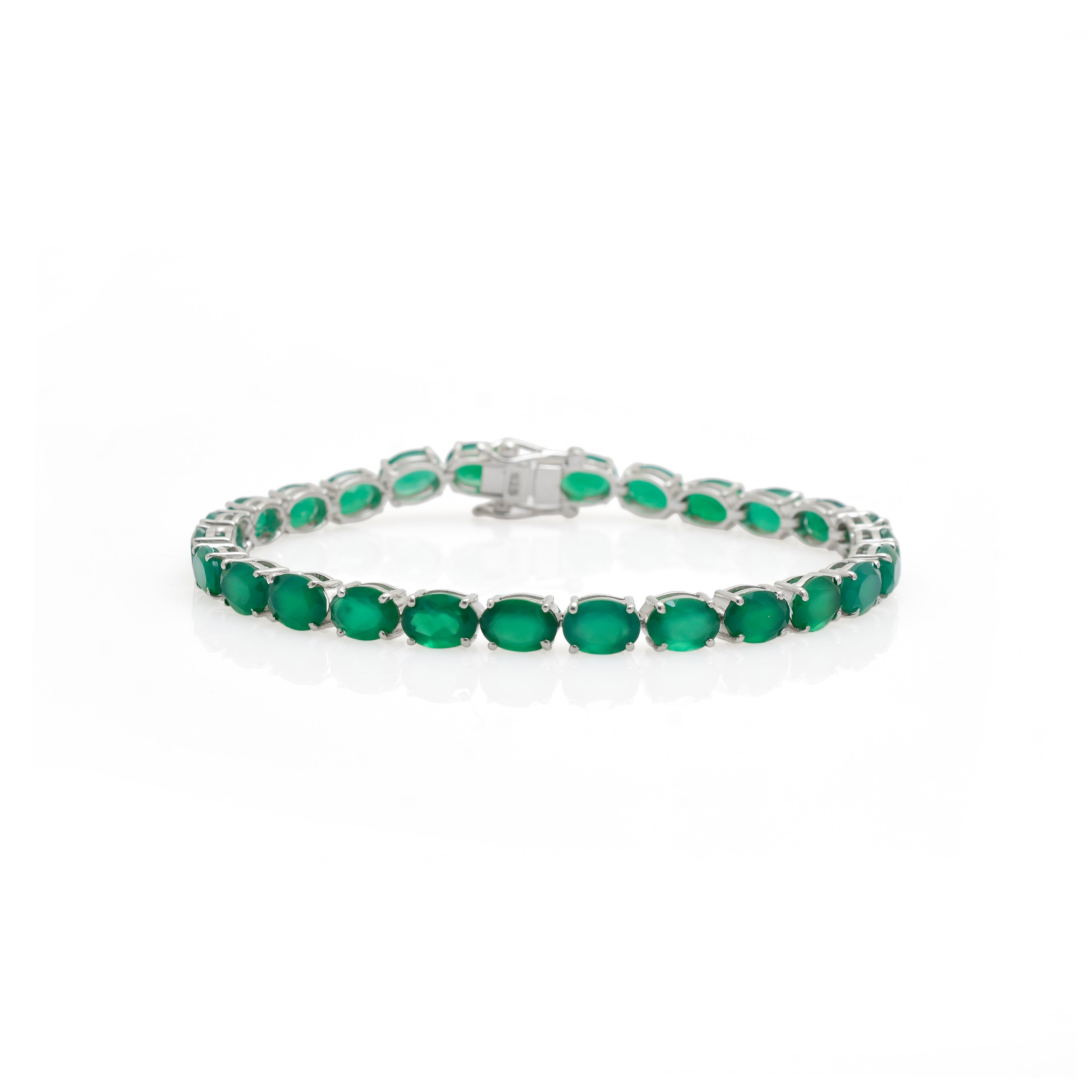925 Silver Green Stone Tennis Bracelet | Oval Emerald Style Bracelet | Elegant Silver Link Jewelry