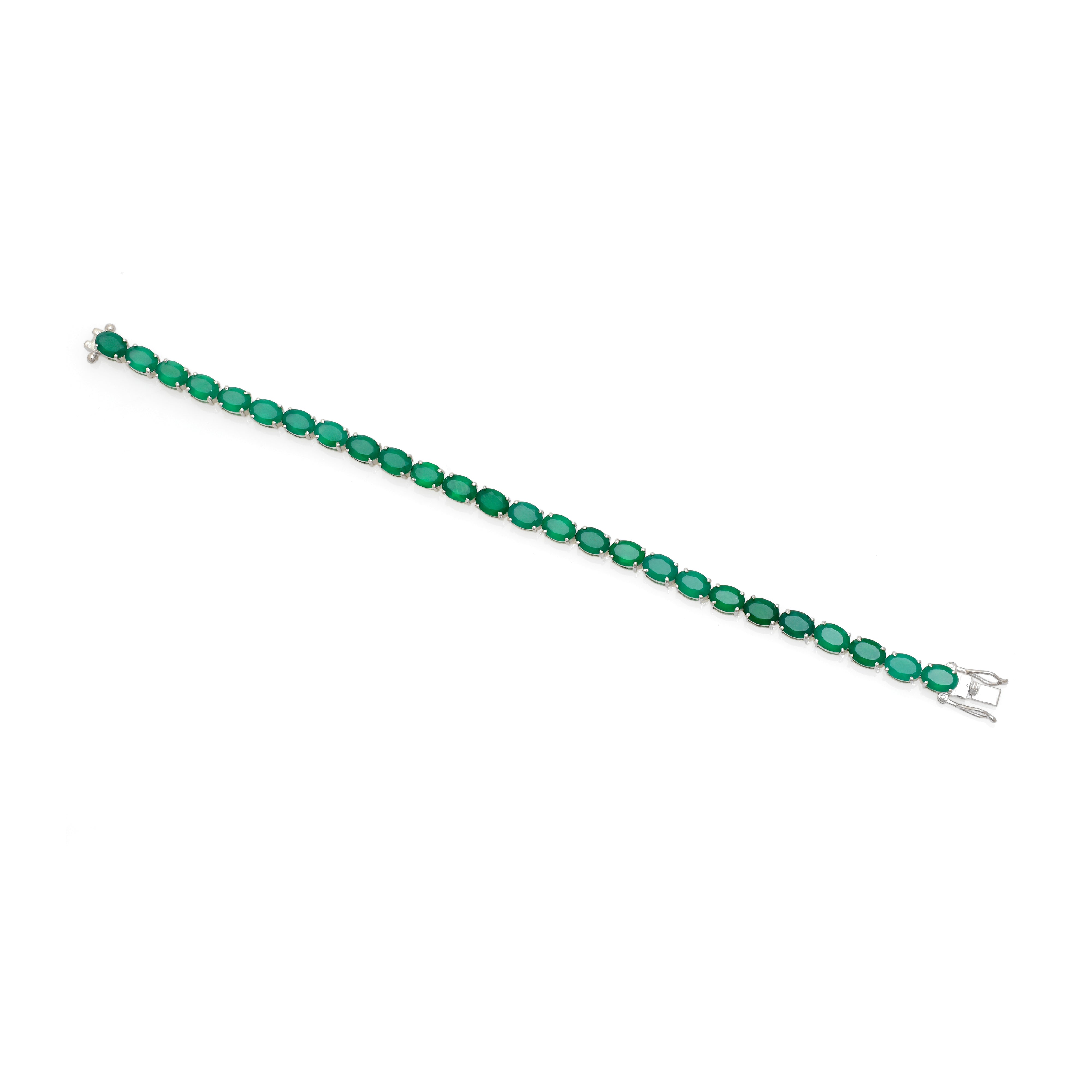 925 Silver Green Stone Tennis Bracelet | Oval Emerald Style Bracelet | Elegant Silver Link Jewelry