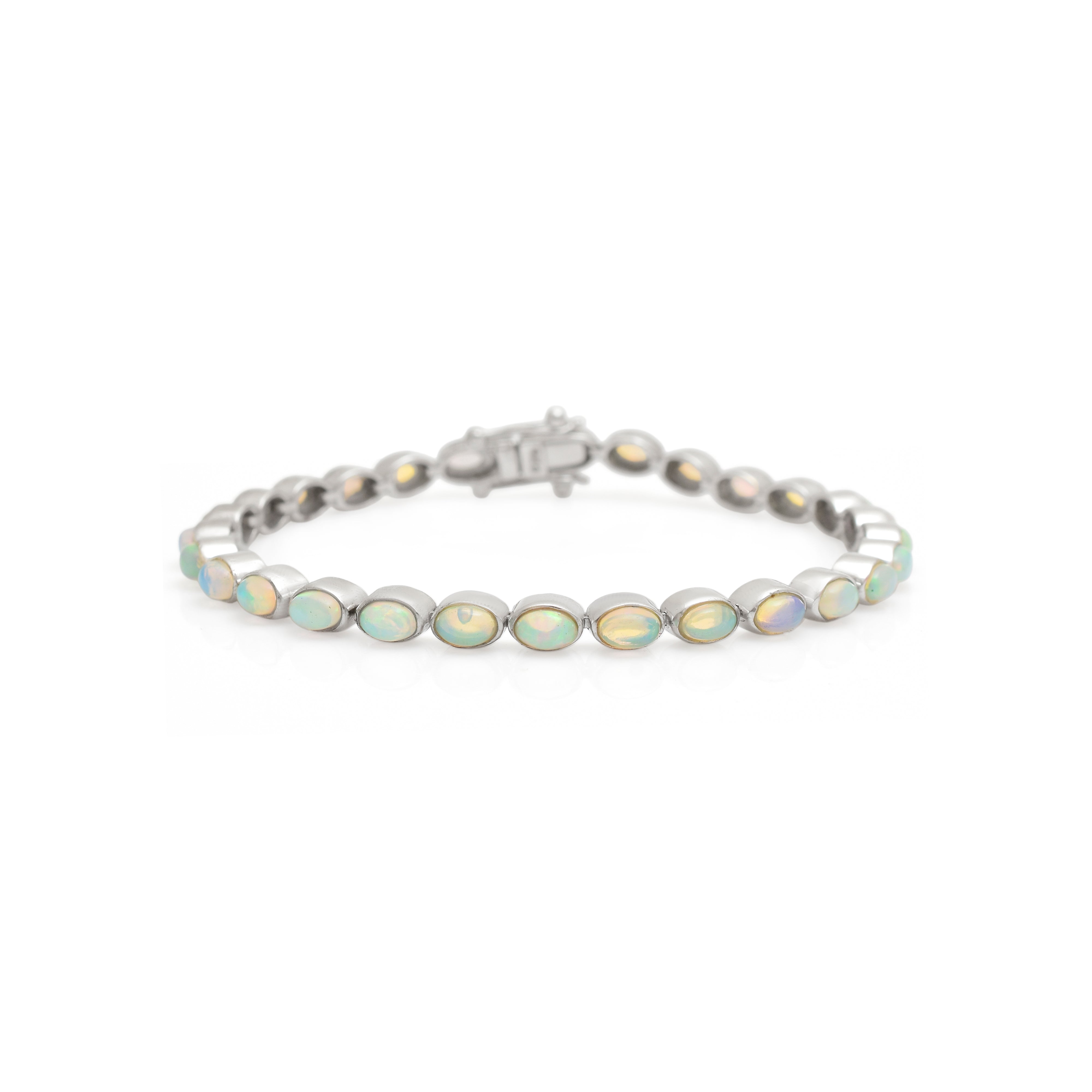 925 Silver Opal Stone Bracelet | Oval White Iridescent Bracelet | Minimal Silver Everyday Jewelry