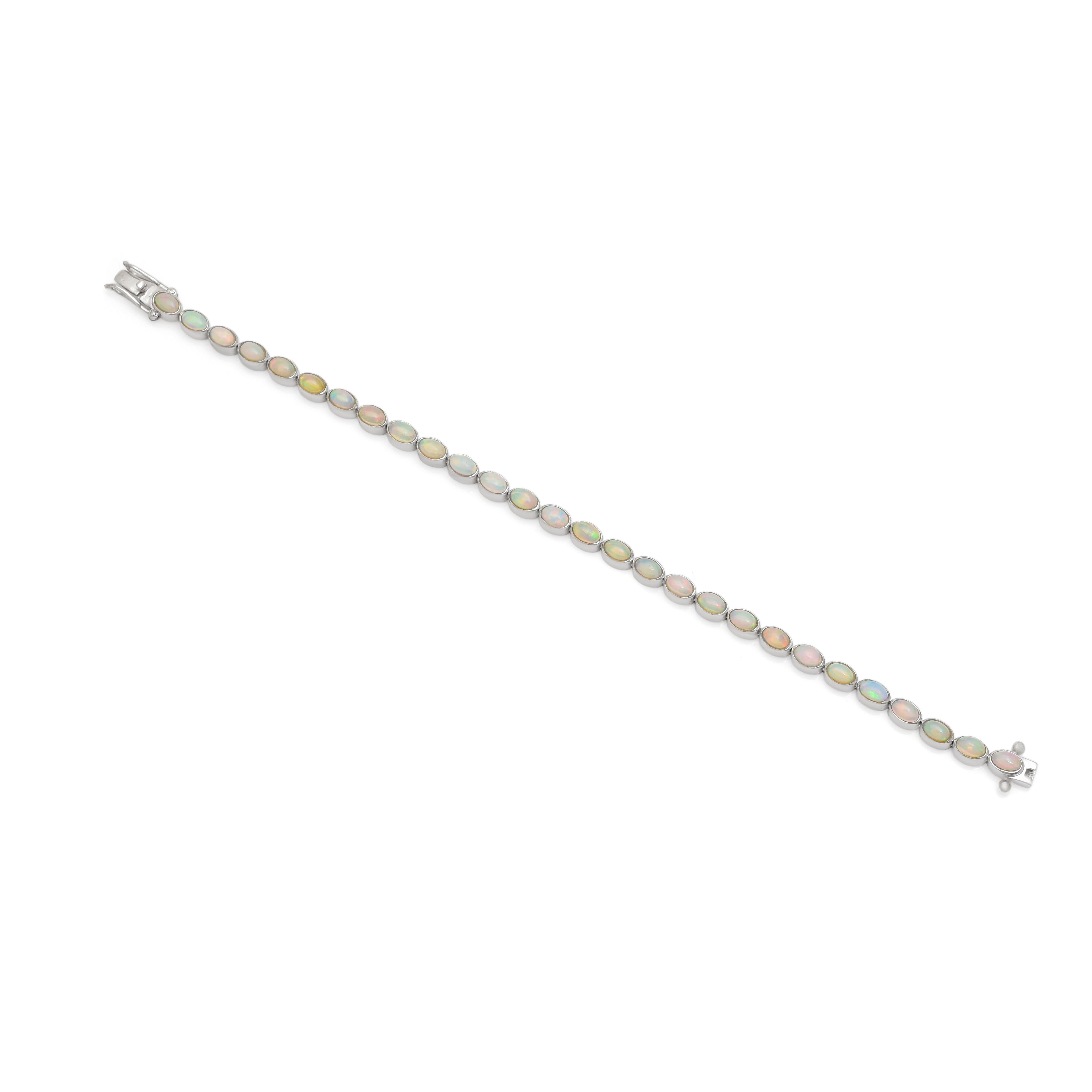 925 Silver Opal Stone Bracelet | Oval White Iridescent Bracelet | Minimal Silver Everyday Jewelry
