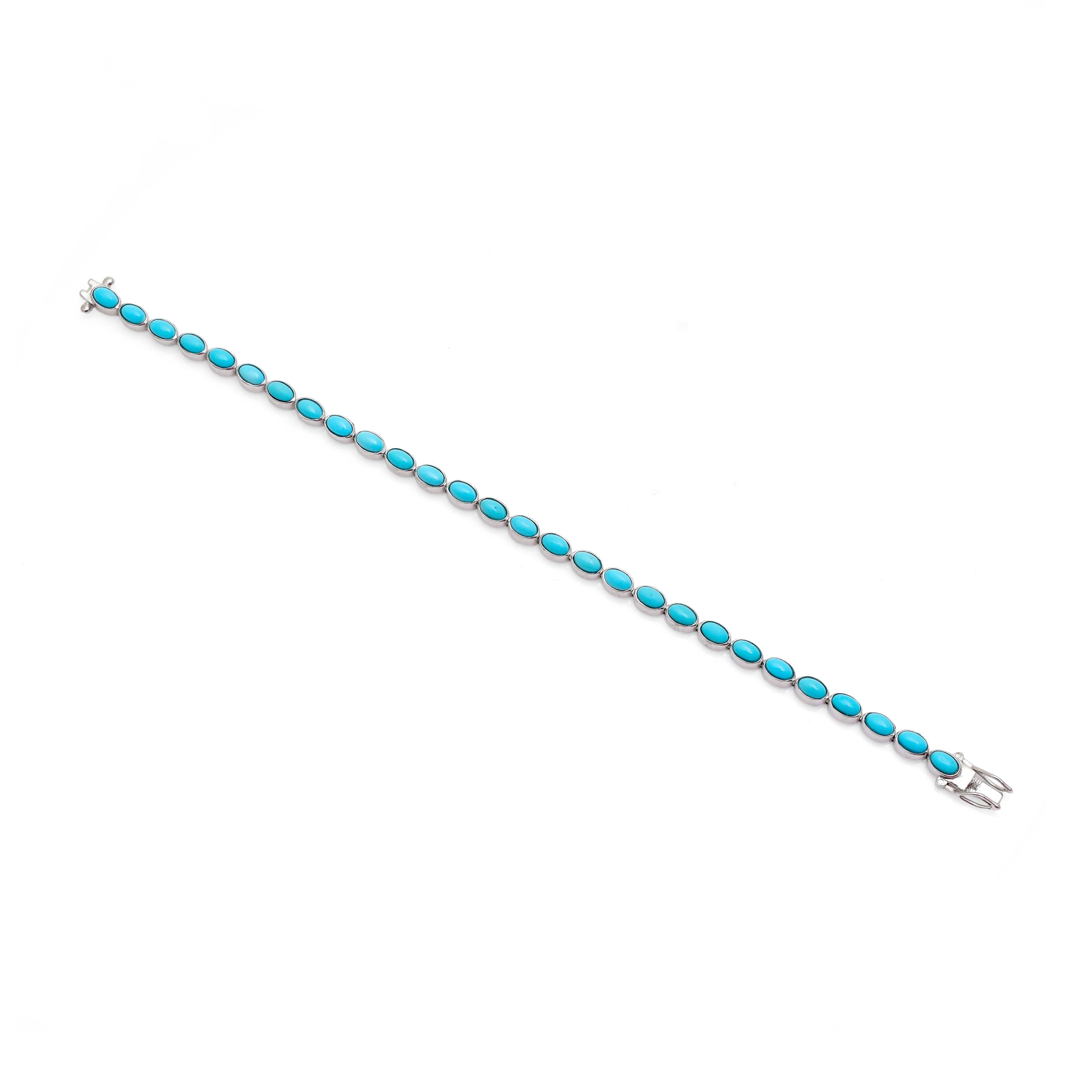 925 Silver Turquoise Stone Bracelet | Oval Beaded Silver Bracelet | Minimal Everyday Jewelry