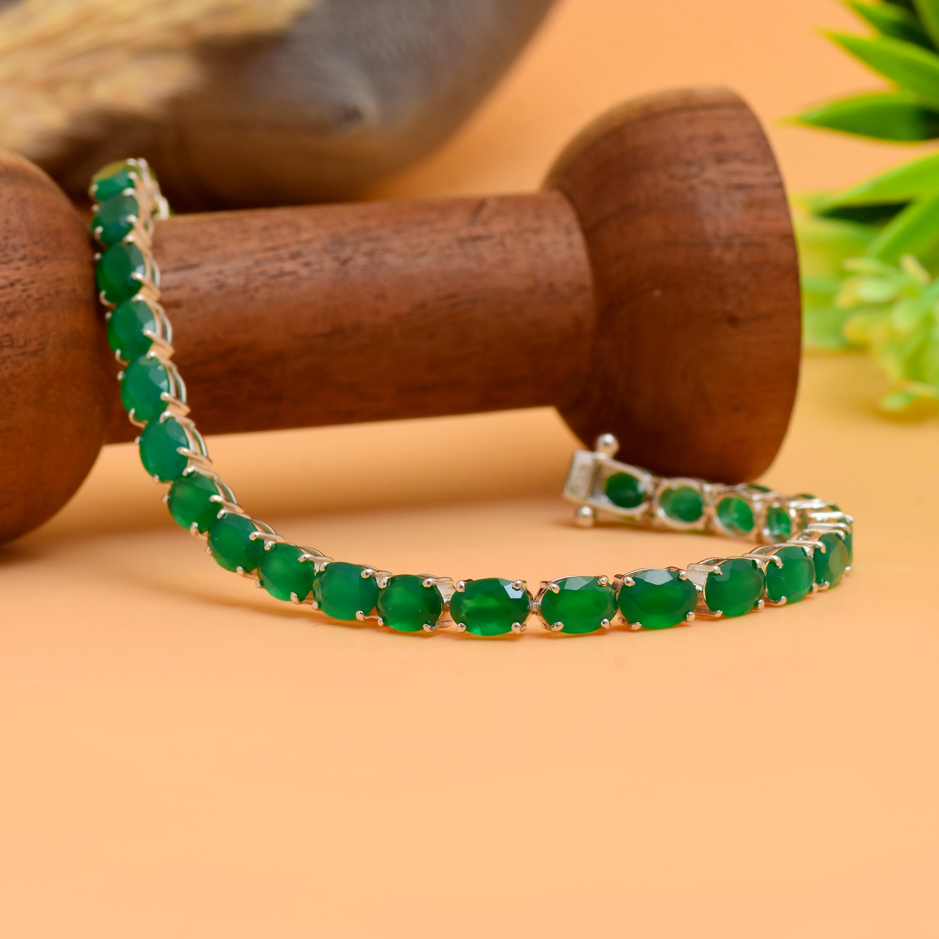 925 Silver Green Stone Tennis Bracelet | Oval Emerald Style Bracelet | Elegant Silver Link Jewelry