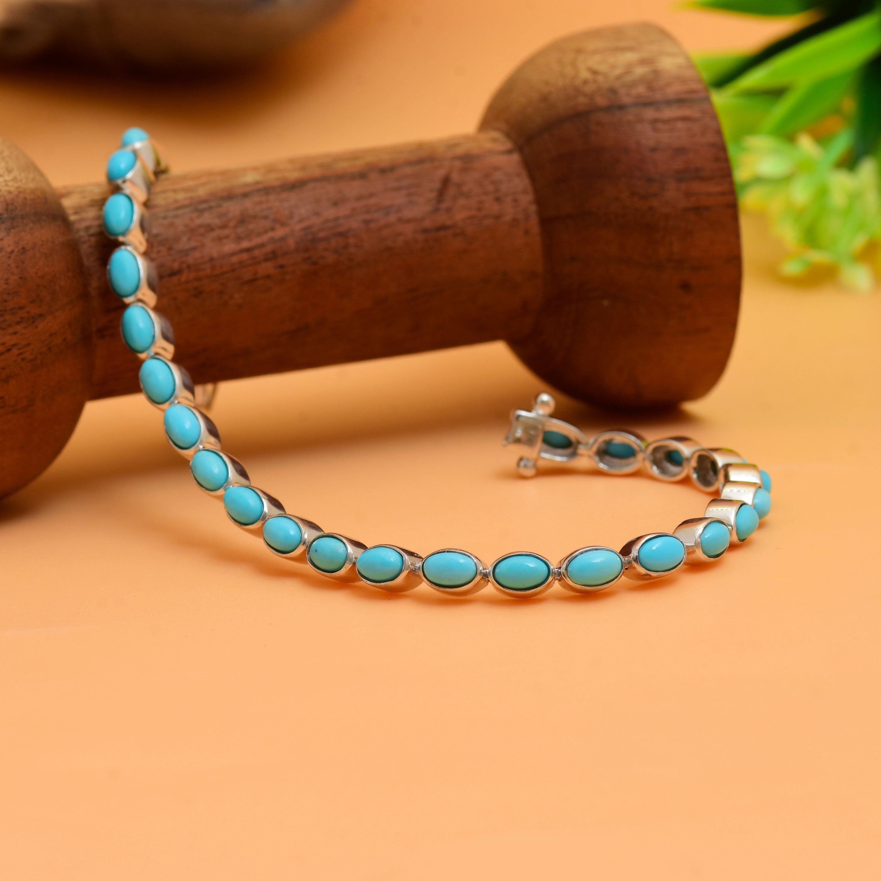 925 Silver Turquoise Stone Bracelet | Oval Beaded Silver Bracelet | Minimal Everyday Jewelry