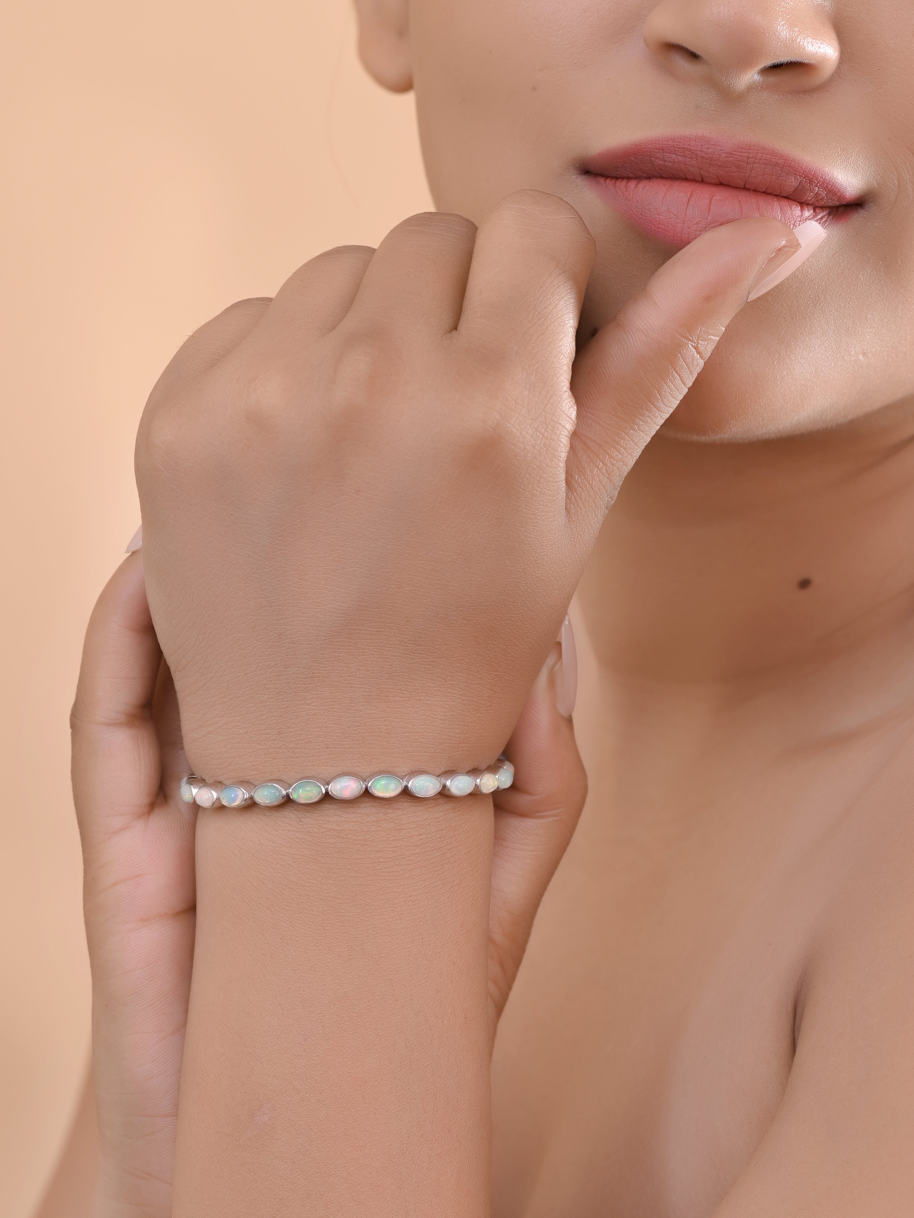 925 Silver Opal Stone Bracelet | Oval White Iridescent Bracelet | Minimal Silver Everyday Jewelry