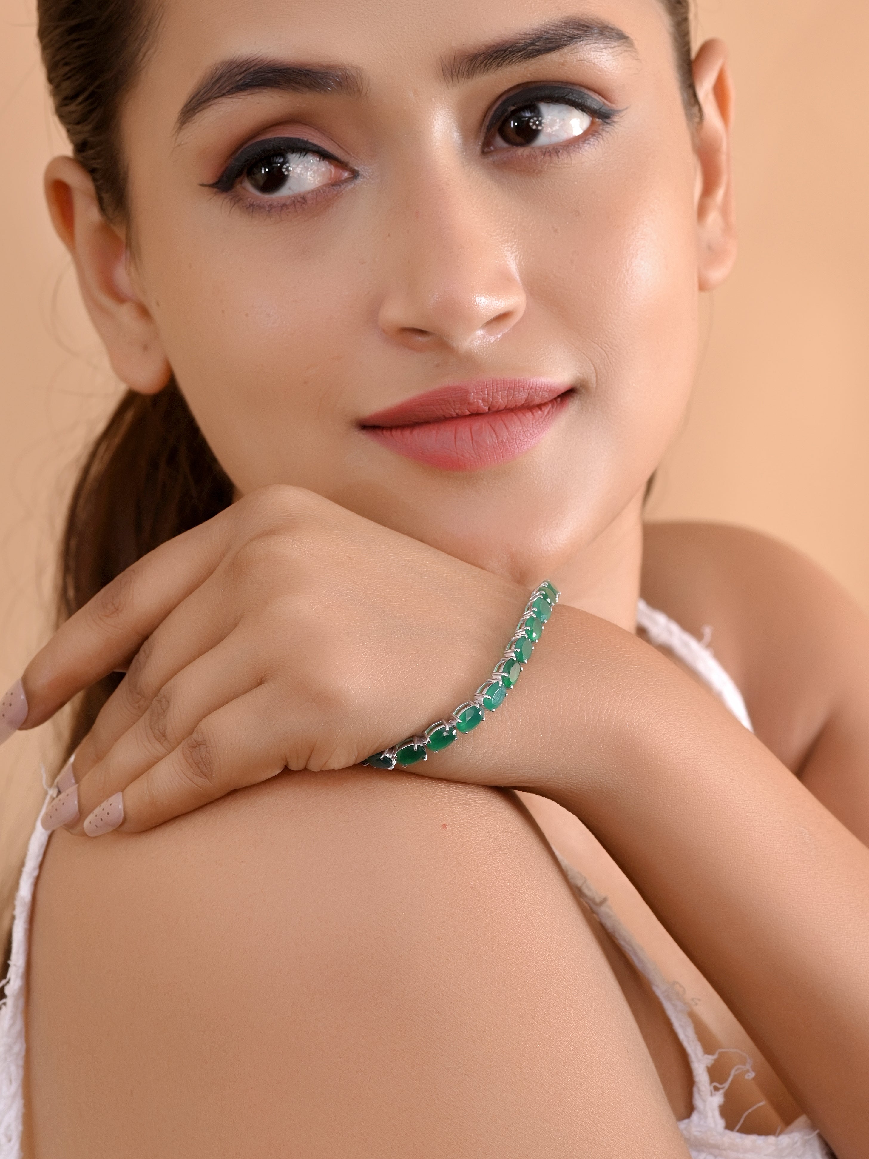 925 Silver Green Stone Tennis Bracelet | Oval Emerald Style Bracelet | Elegant Silver Link Jewelry