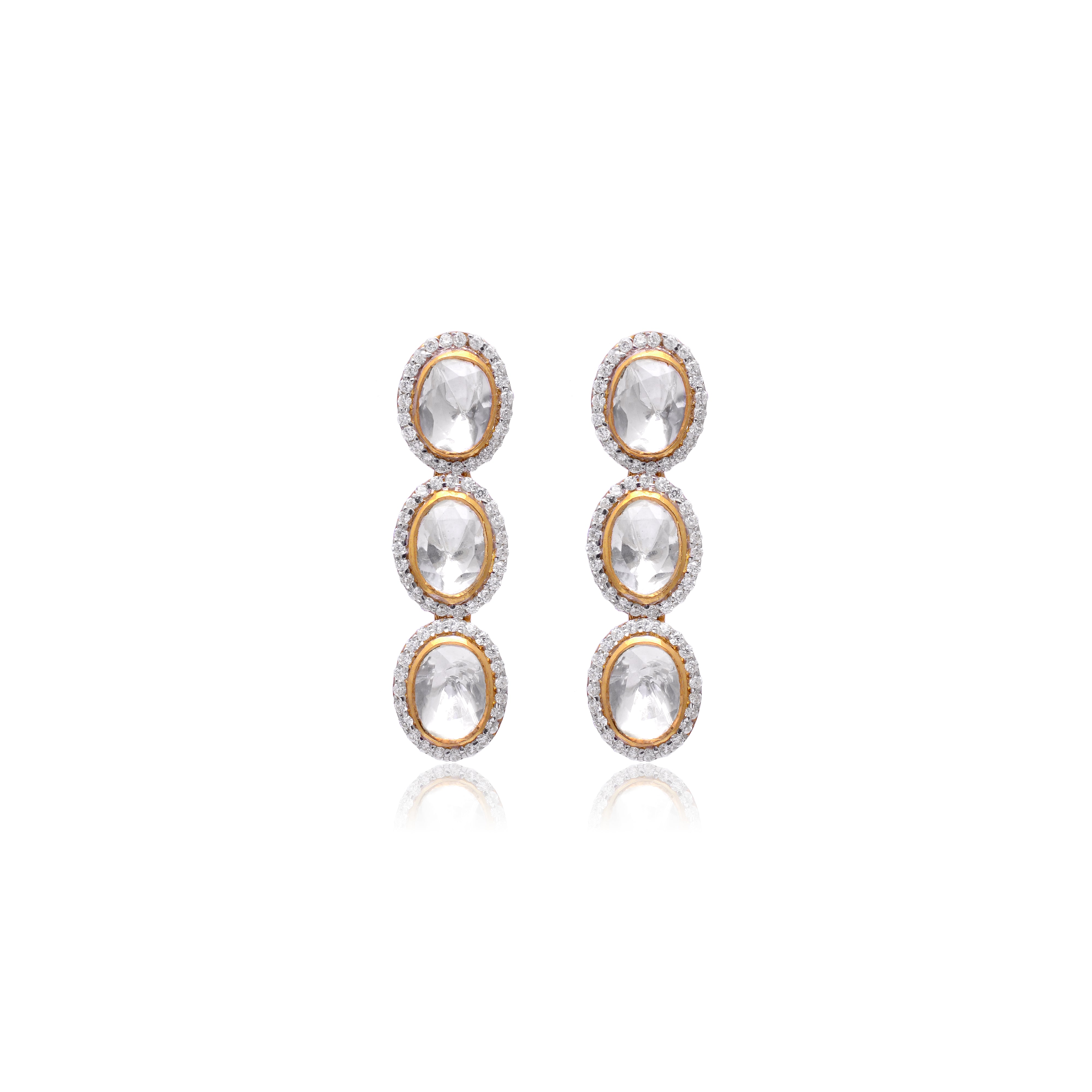 925 Silver Elegant Oval Kundan Drop Earrings in Gold Plated | Traditional Polki Style Dangle Earrings for Women