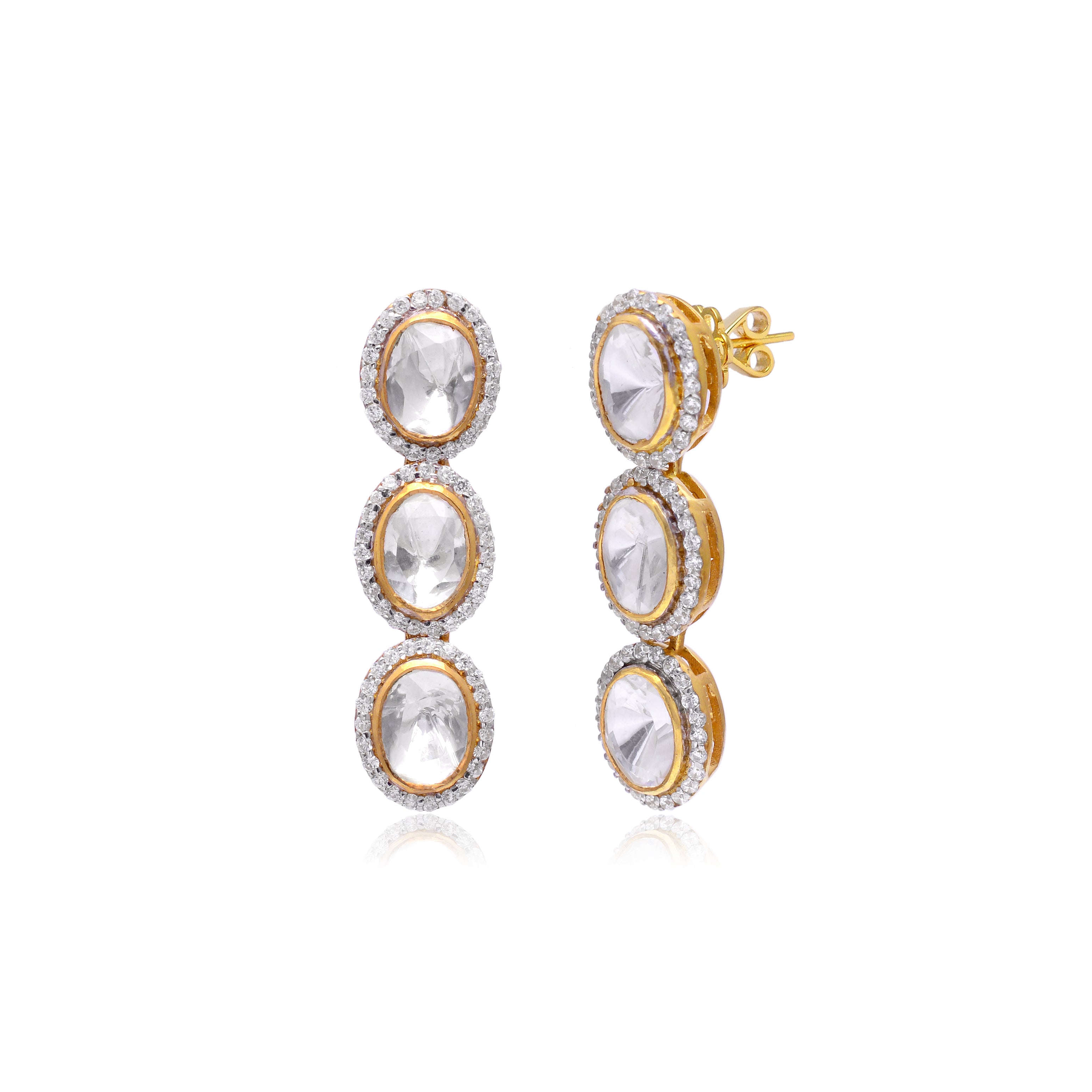 925 Silver Elegant Oval Kundan Drop Earrings in Gold Plated | Traditional Polki Style Dangle Earrings for Women