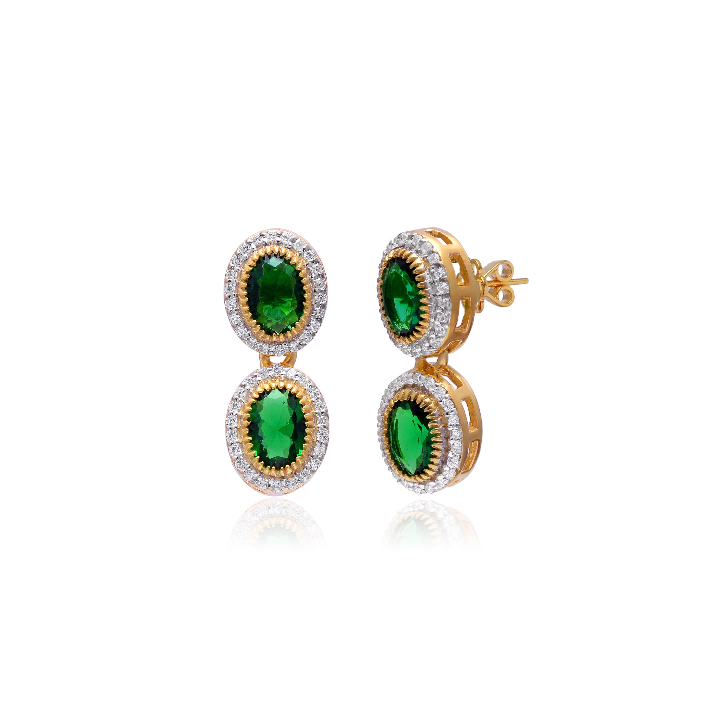 925 Silver Elegant Emerald Green Oval Halo Stud Earrings for Women | Gold Plated CZ Statement Earrings
