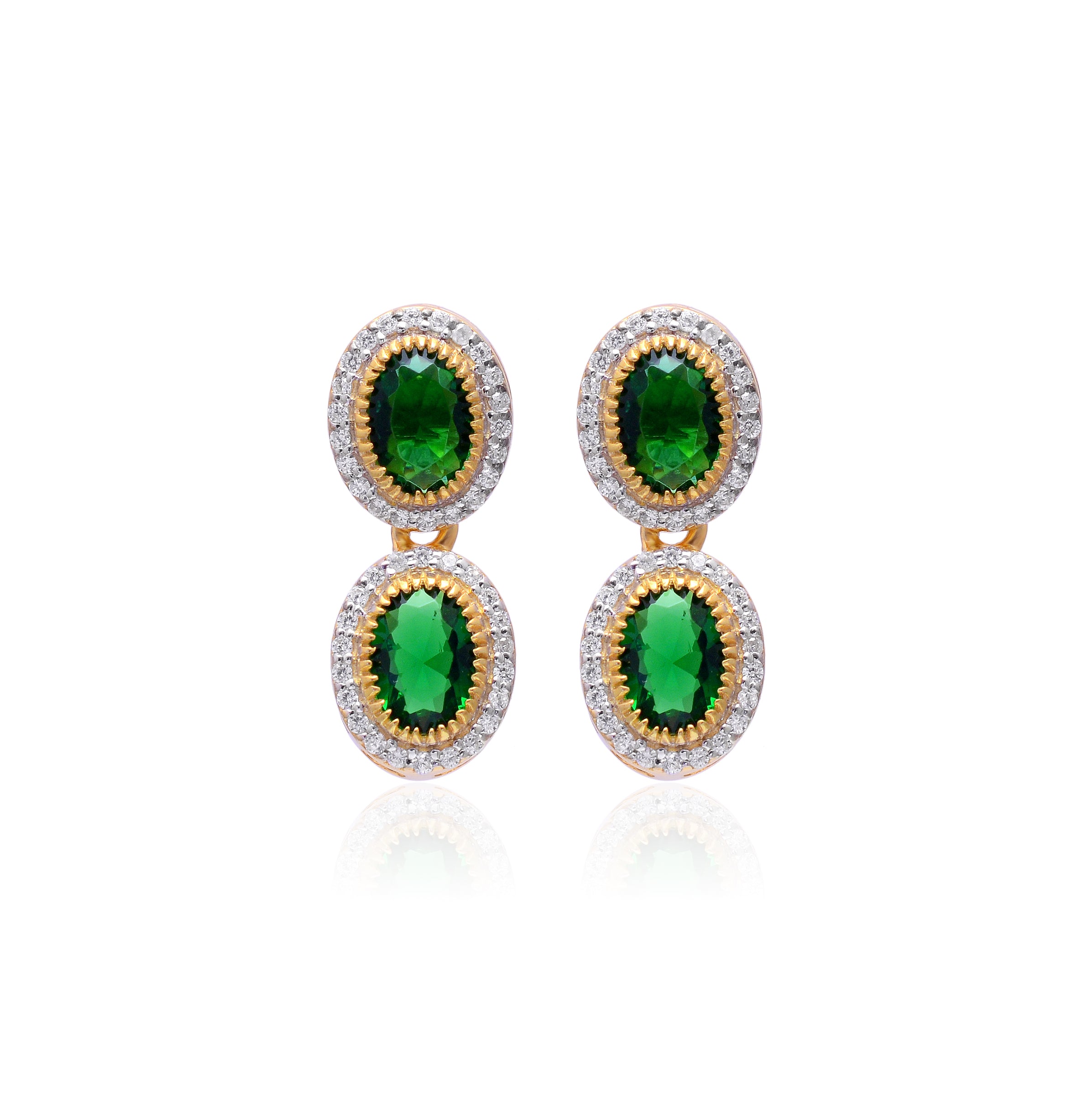 925 Silver Elegant Emerald Green Oval Halo Stud Earrings for Women | Gold Plated CZ Statement Earrings