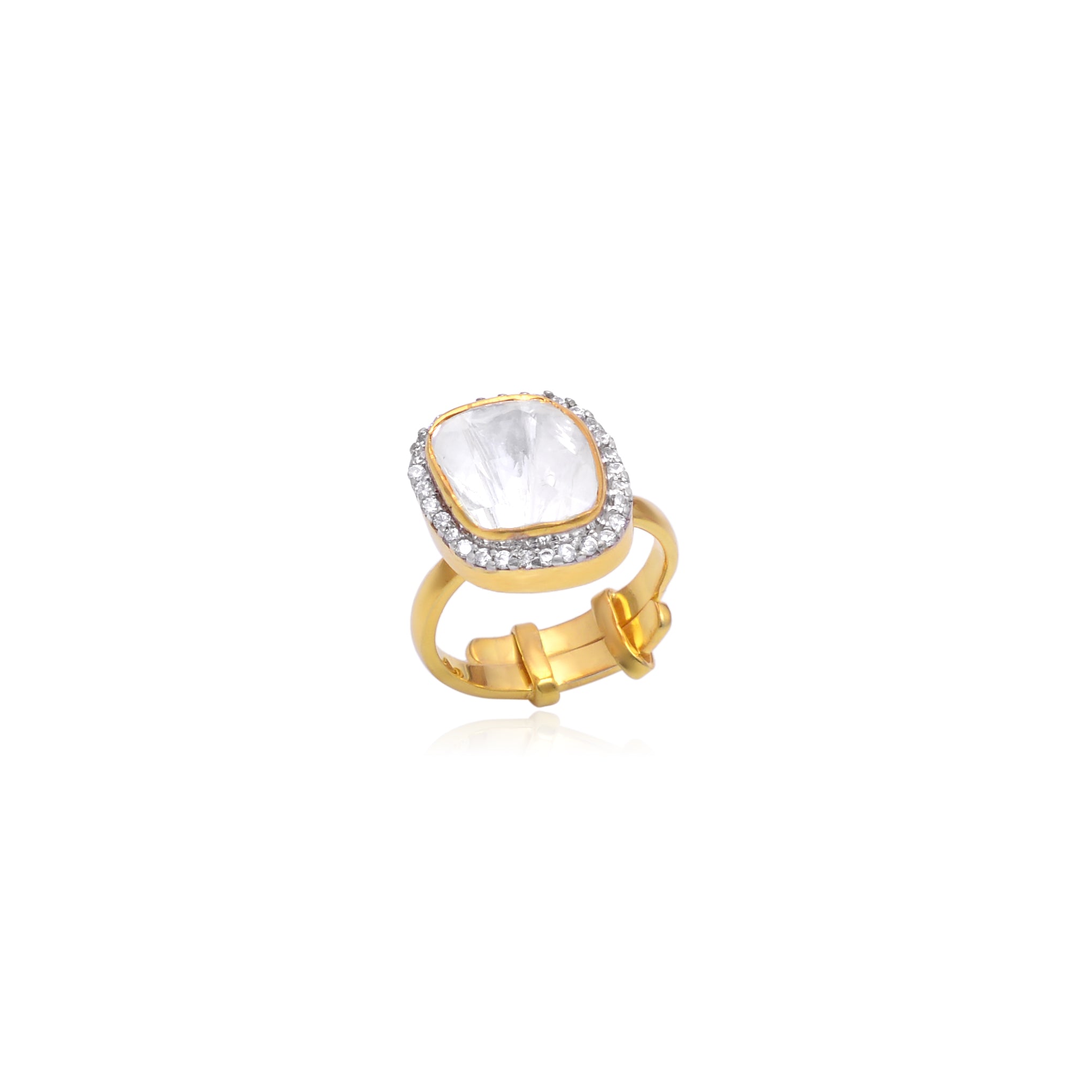 Gold Plated 925 Silver Luxury Cushion Cut Moonstone Halo Ring | Statement Gemstone Ring for Women