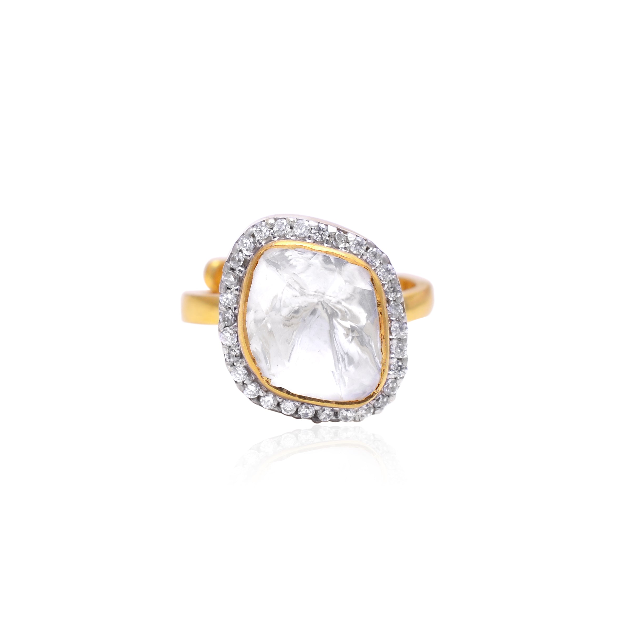 Gold Plated 925 Silver Luxury Cushion Cut Moonstone Halo Ring | Statement Gemstone Ring for Women