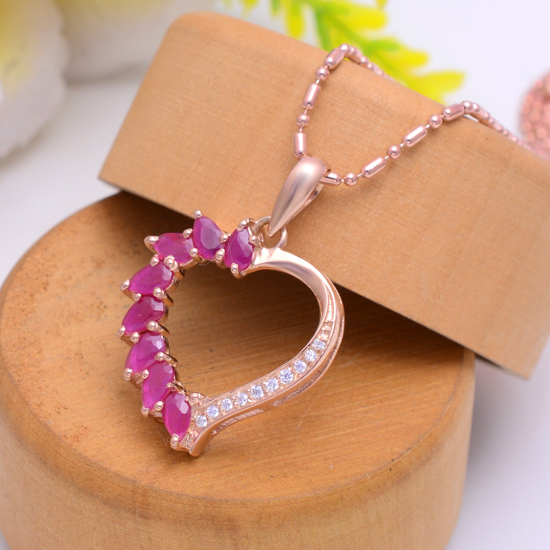 925 Silver Heart Pendant Necklace | Pink Stone Heart Necklace | Rose Gold Plated Romantic Jewellery