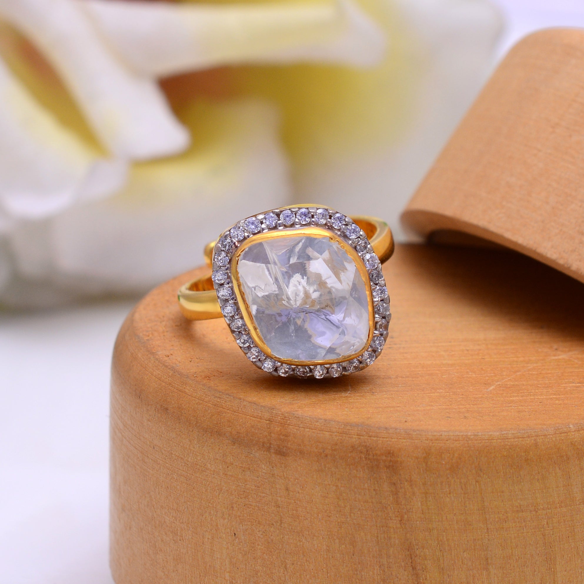 Gold Plated 925 Silver Luxury Cushion Cut Moonstone Halo Ring | Statement Gemstone Ring for Women