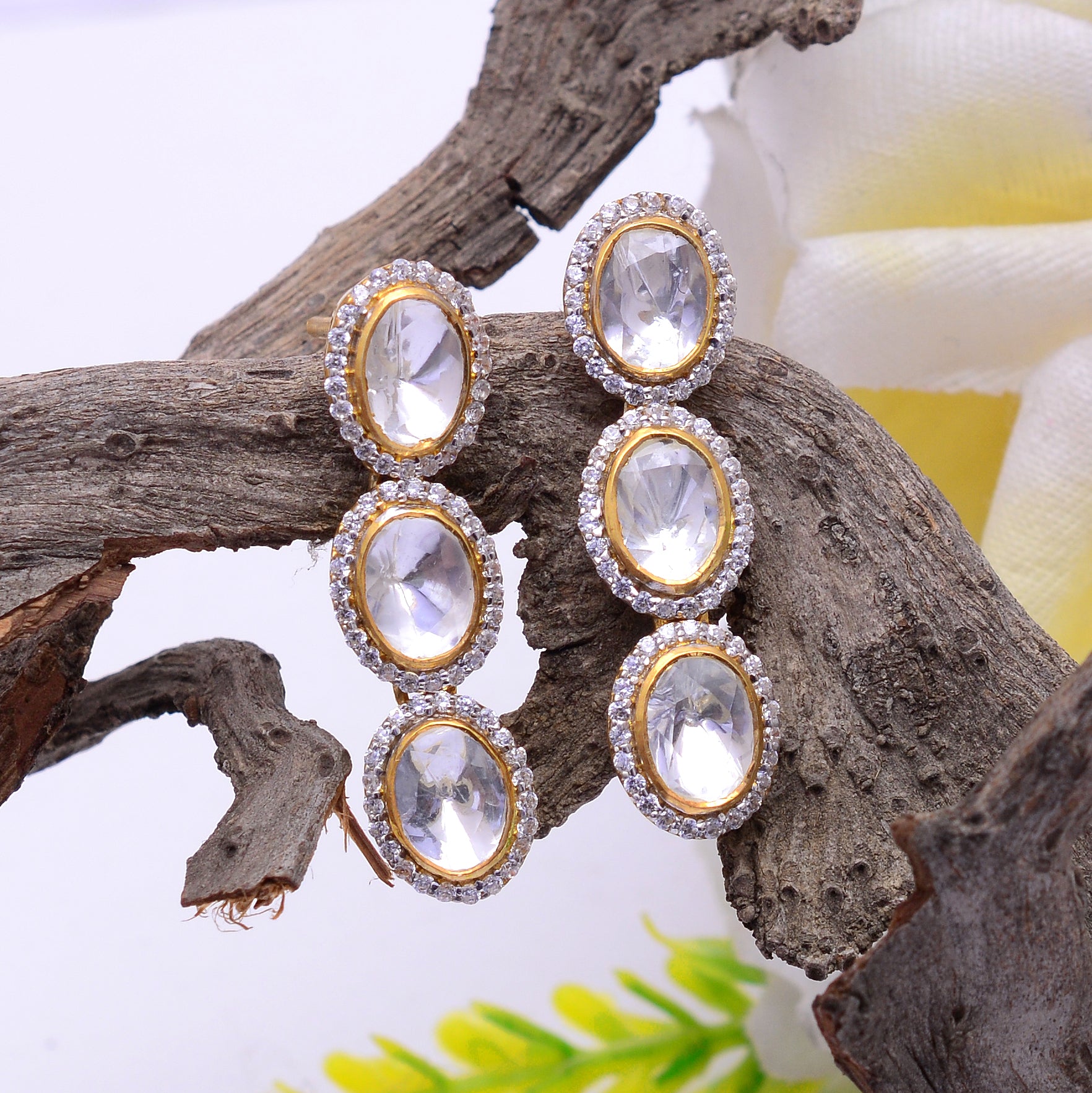 925 Silver Elegant Oval Kundan Drop Earrings in Gold Plated | Traditional Polki Style Dangle Earrings for Women
