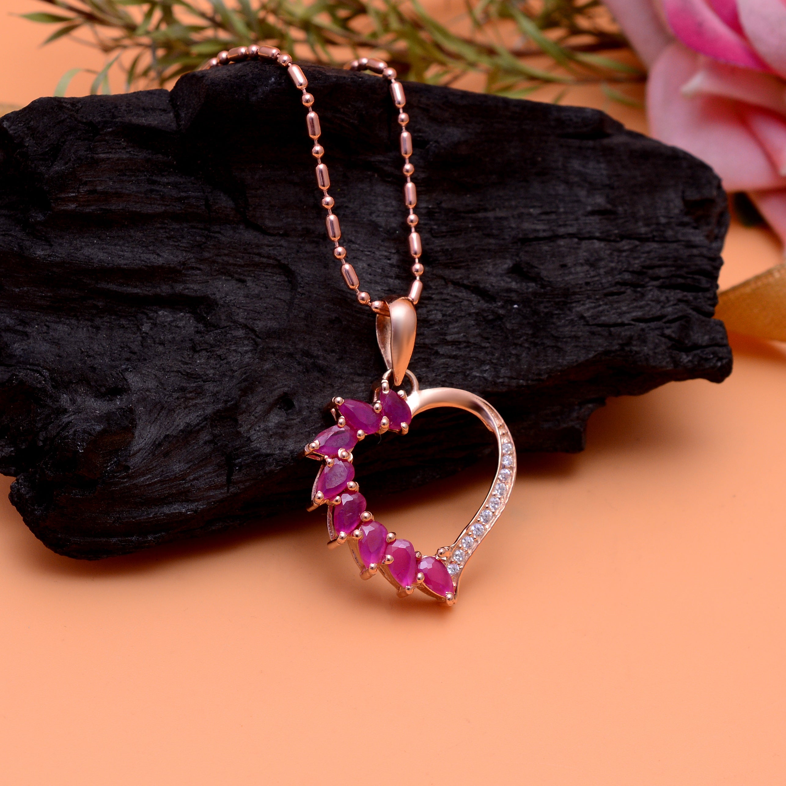 925 Silver Heart Pendant Necklace | Pink Stone Heart Necklace | Rose Gold Plated Romantic Jewellery
