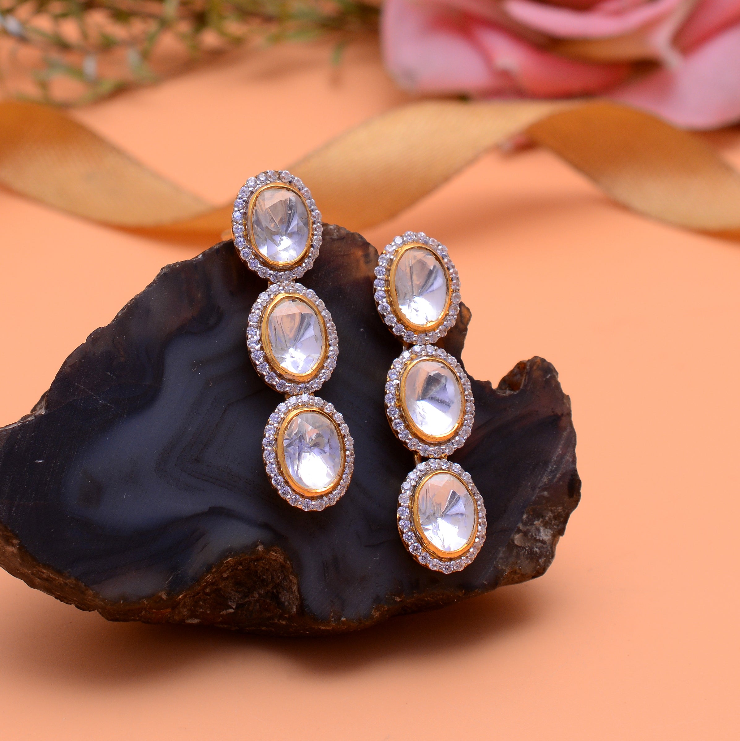 925 Silver Elegant Oval Kundan Drop Earrings in Gold Plated | Traditional Polki Style Dangle Earrings for Women