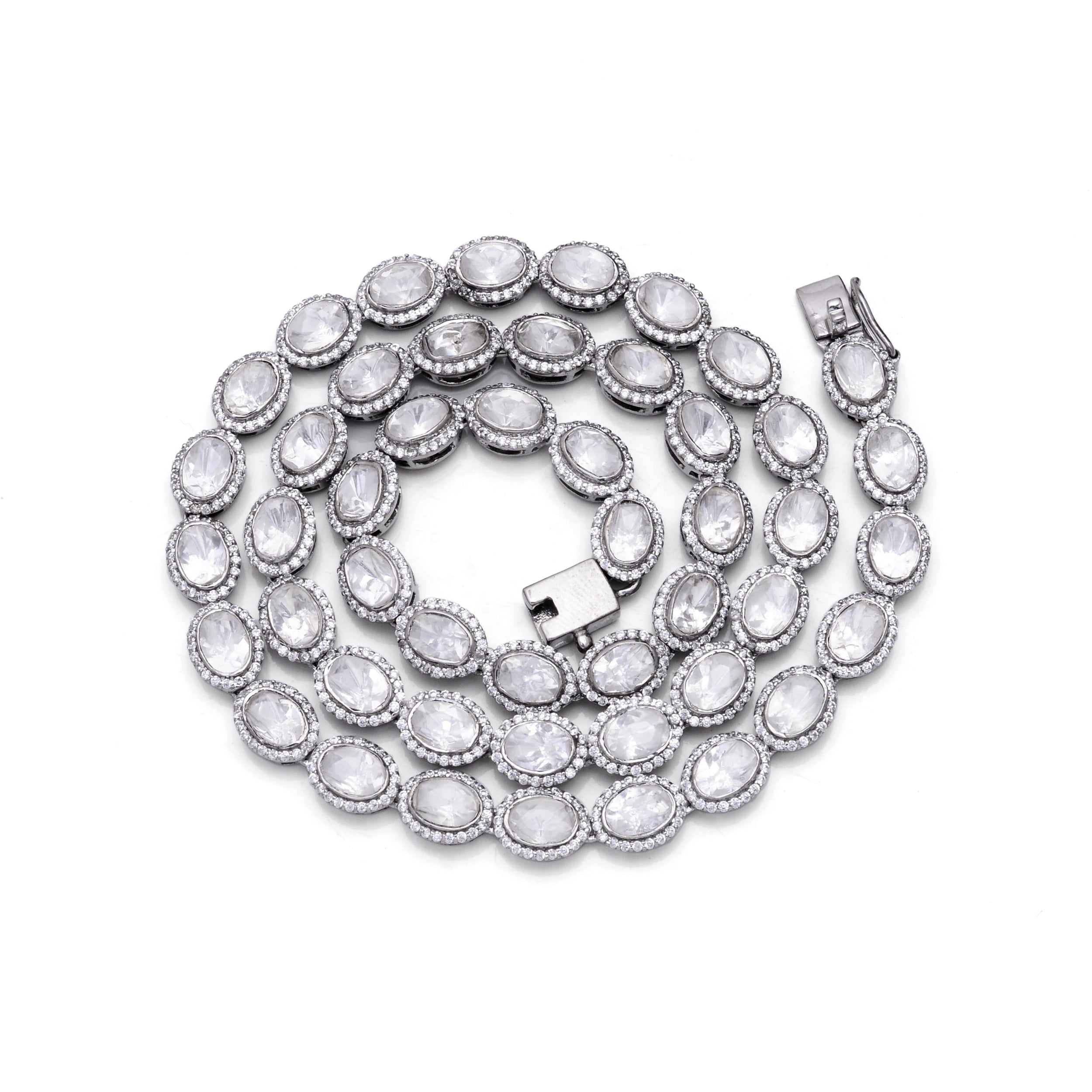 925 Silver Diamond Tennis Necklace | Oval Halo Chain Necklace | Elegant Minimal Luxury Jewelry