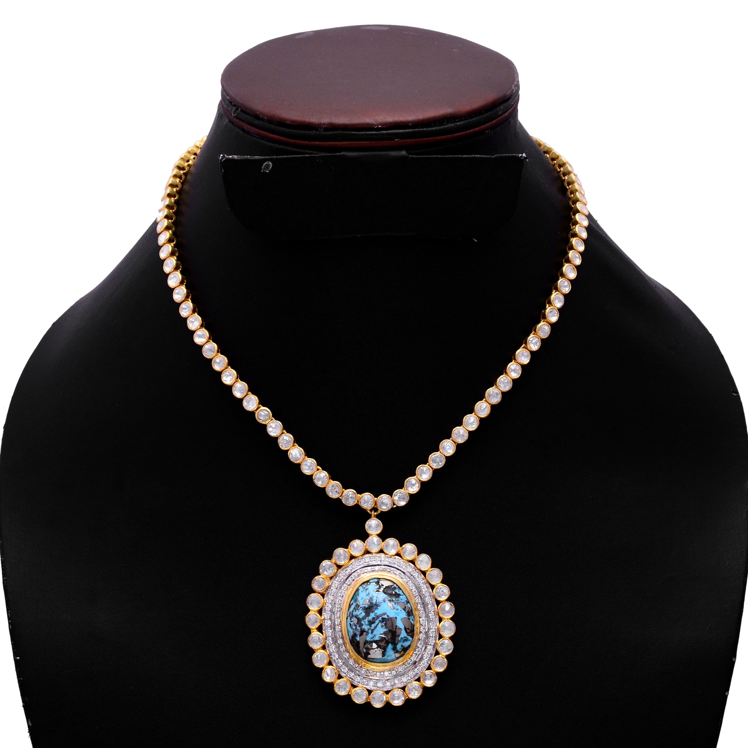 925 Silver Turquoise Pendant Necklace | Polki Halo Statement Necklace | Gold Plated Traditional Jewellery