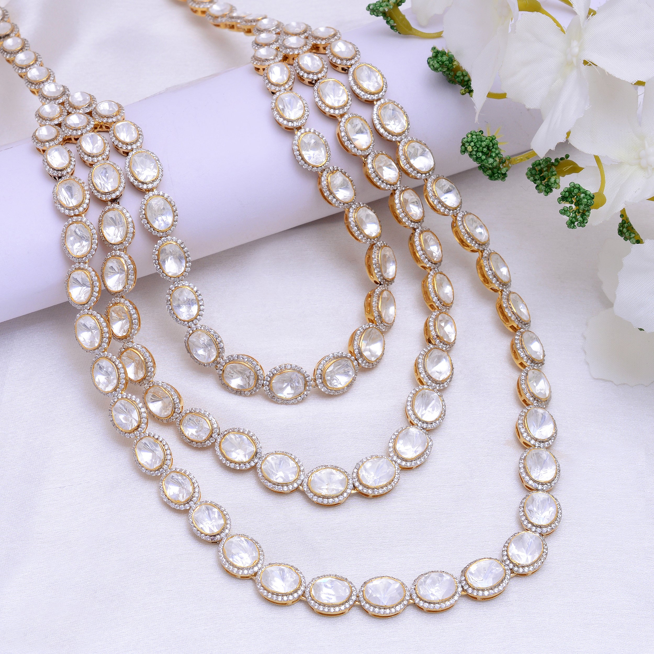 925 Silver Layered Diamond Necklace | Gold Plated Multi Strand Statement Necklace | Luxury Bridal Jewelry