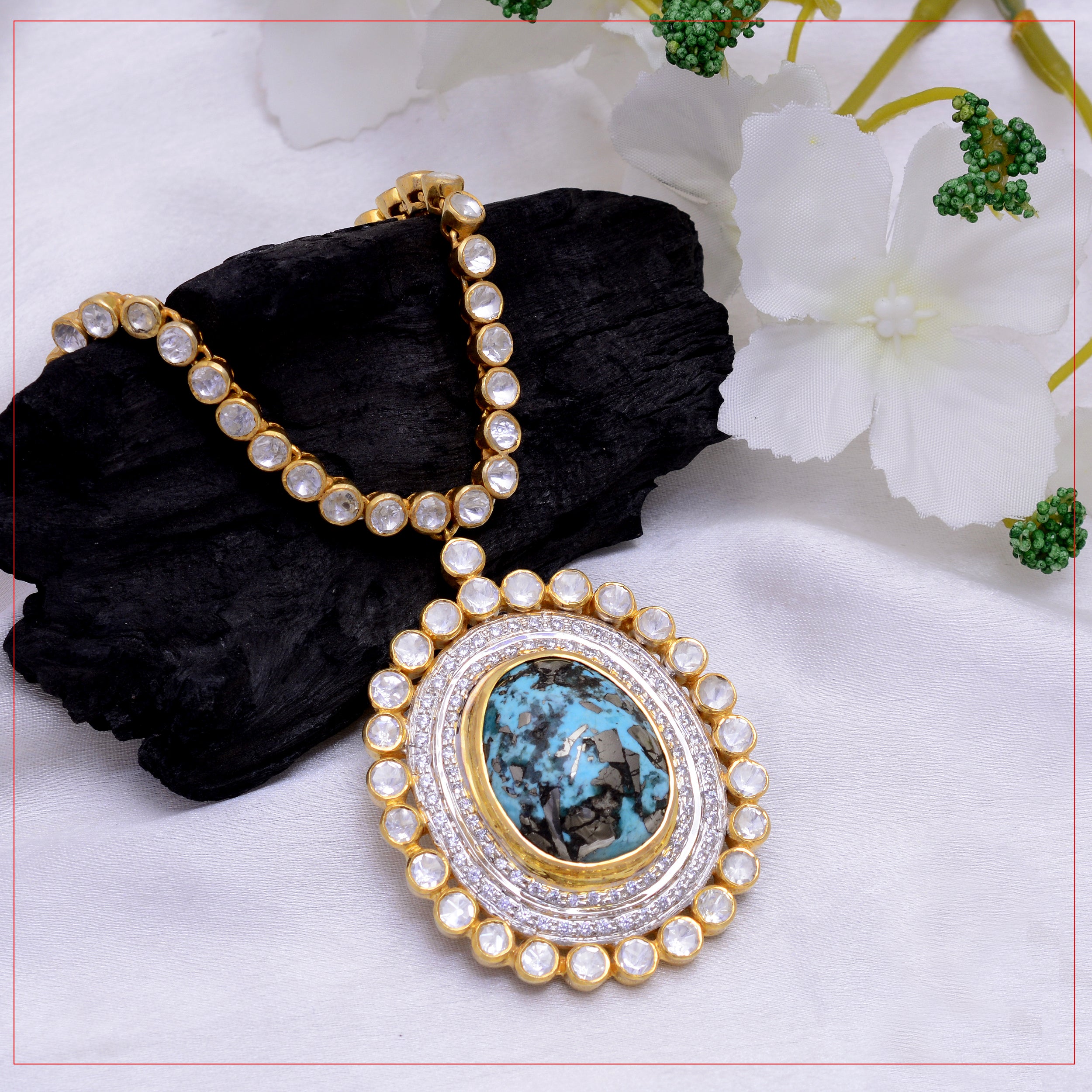 925 Silver Turquoise Pendant Necklace | Polki Halo Statement Necklace | Gold Plated Traditional Jewellery