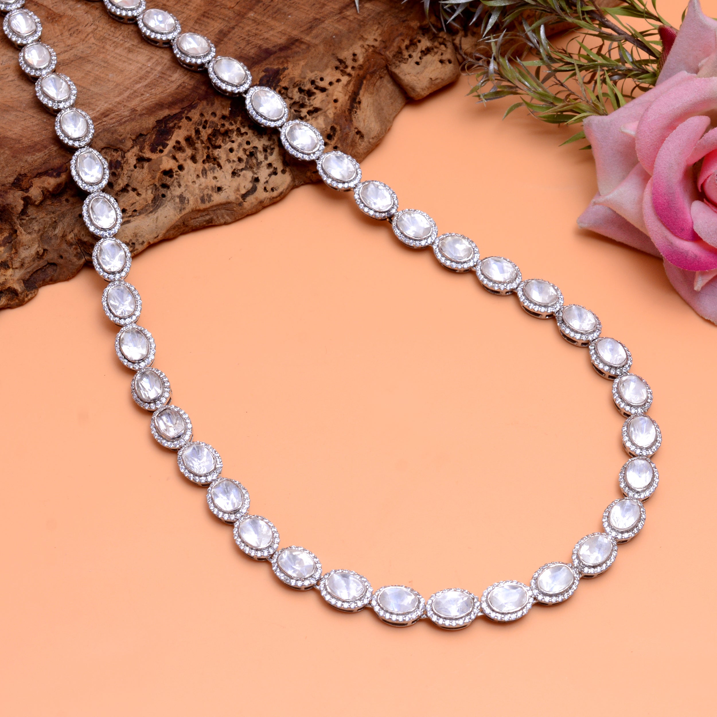 925 Silver Diamond Tennis Necklace | Oval Halo Chain Necklace | Elegant Minimal Luxury Jewelry