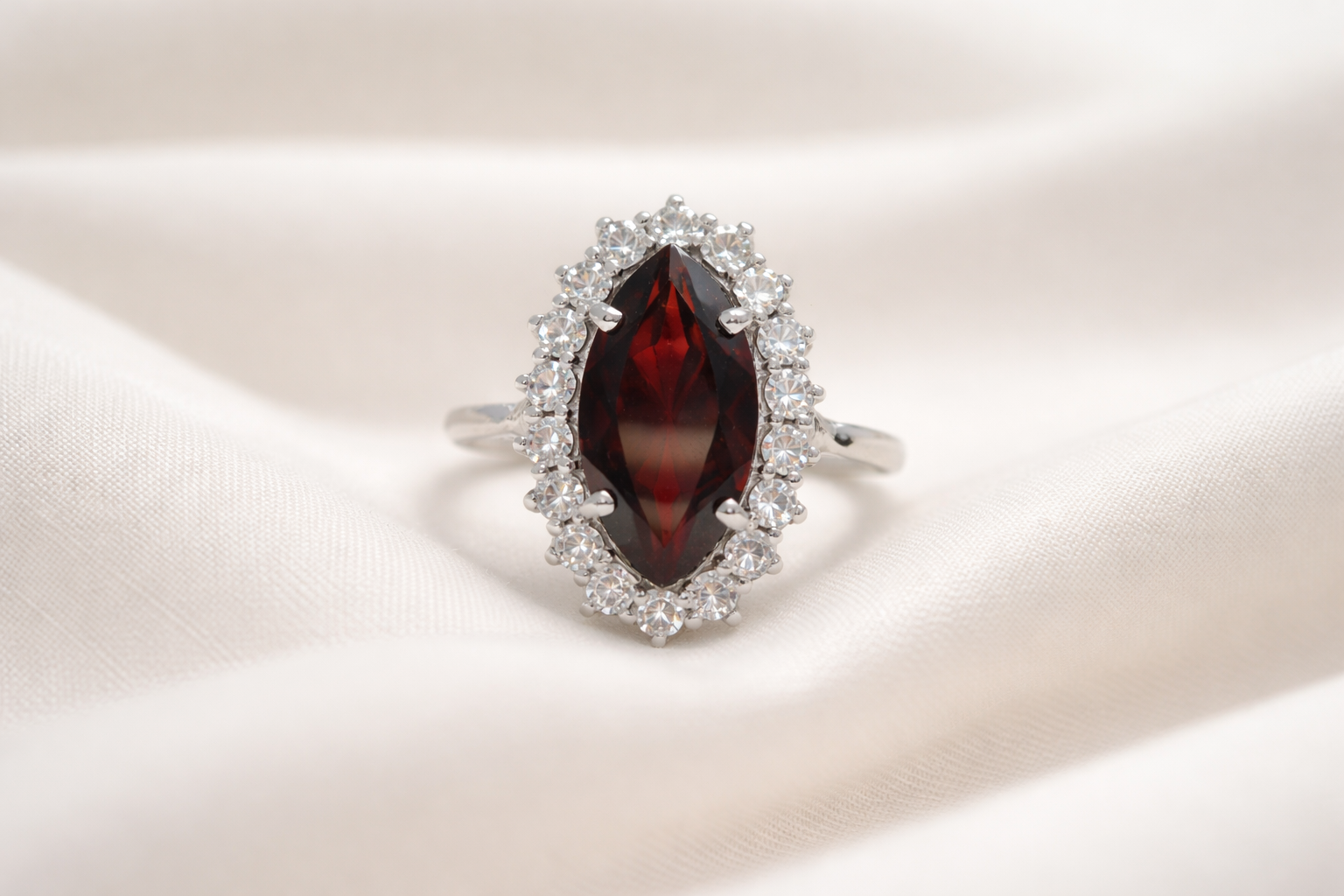 925 Silver Vintage Garnet Halo Ring for Women | Marquise Cut Red Stone Statement Ring