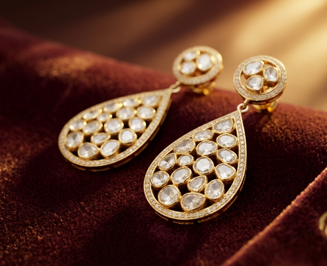 925 Silver Traditional Kundan Teardrop Dangle Earrings in Gold Plated | Ethnic Polki Style Statement Earrings for Women