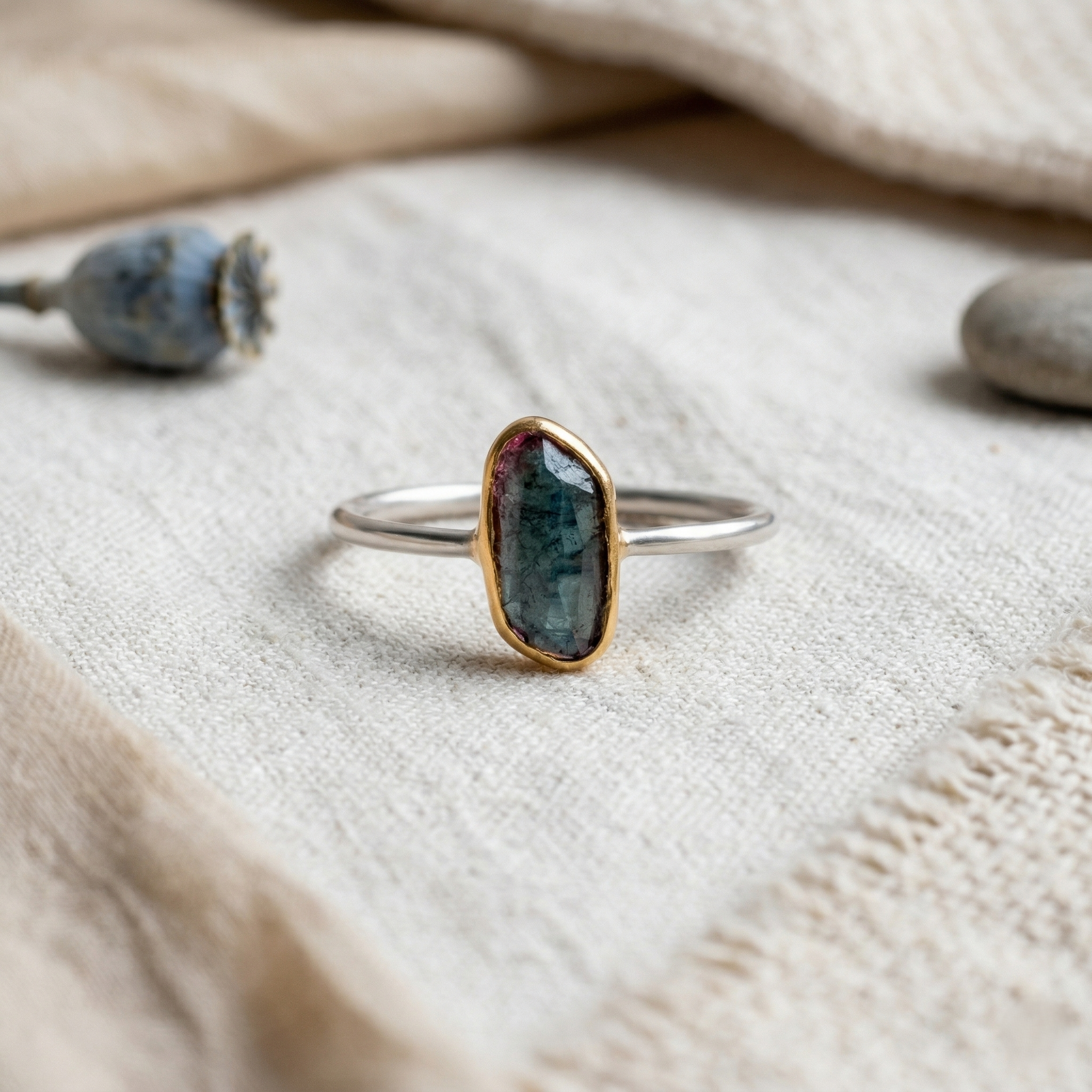 Minimalist Labradorite Stone Ring for Women | Handmade Silver Bezel Statement Ring