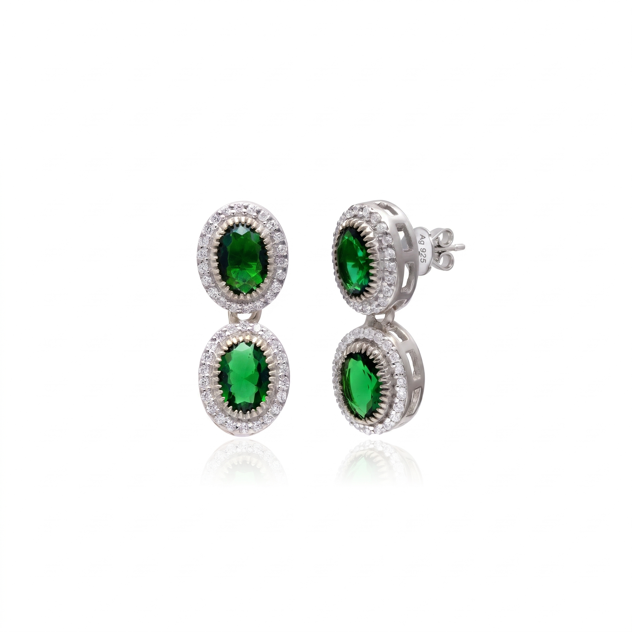 925 Silver Elegant Emerald Green Oval Halo Stud Earrings for Women | Gold Plated CZ Statement Earrings