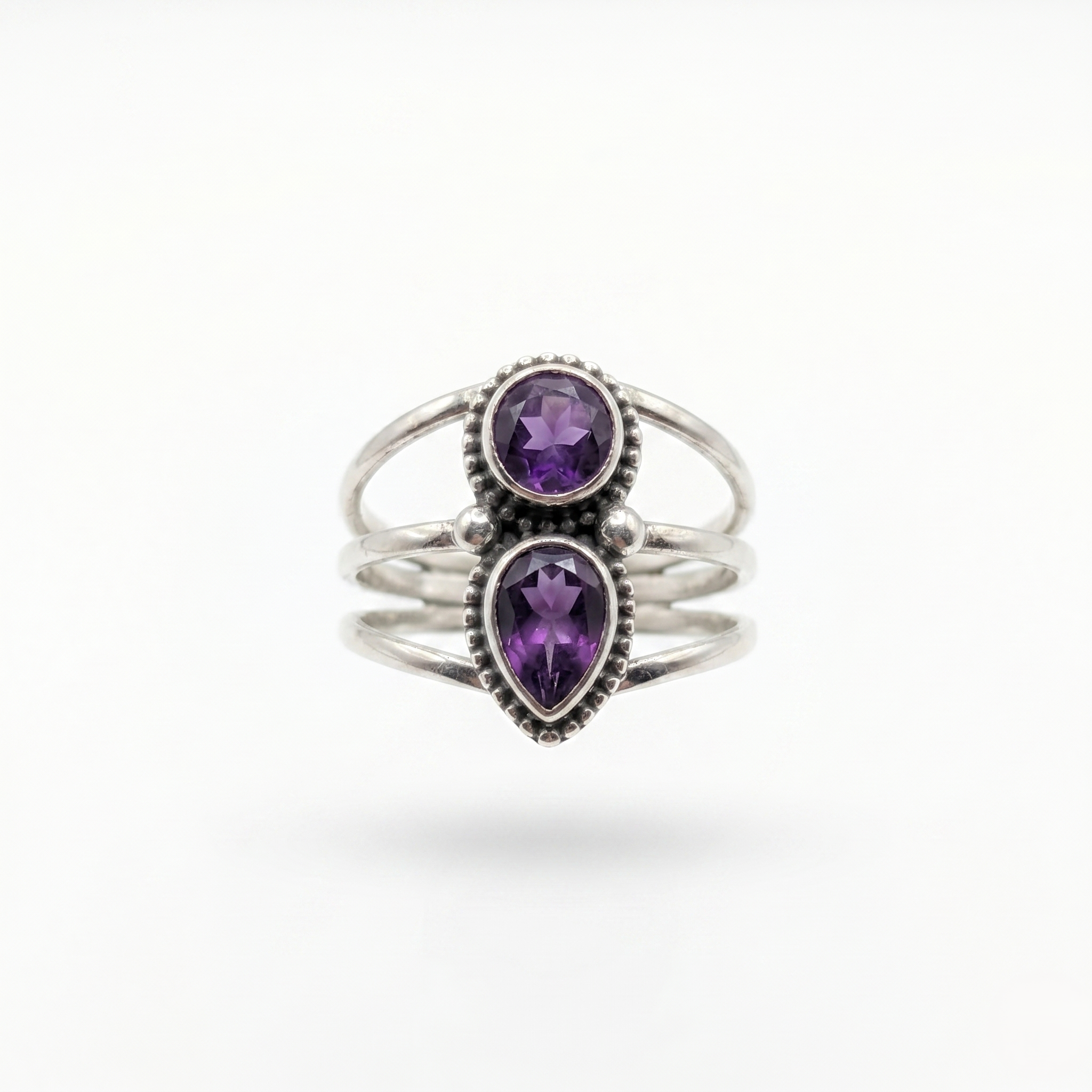 Vintage Boho 925 Sterling Silver Double Amethyst Ring – Pear & Round Two-Stone Statement Ring | Women's Ring | Gift for Her