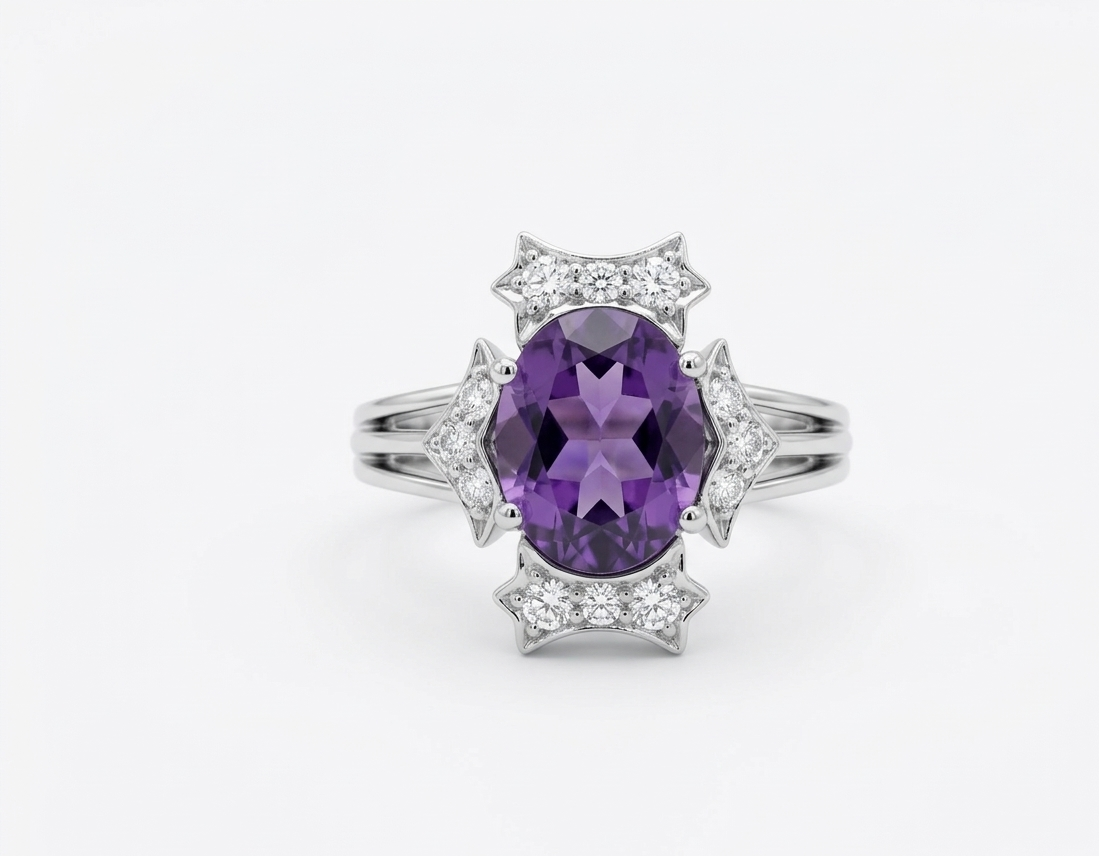 Elegant Oval Cut Amethyst Ring in 925 Sterling Silver | Vintage Inspired Purple Gemstone Statement Ring for Women