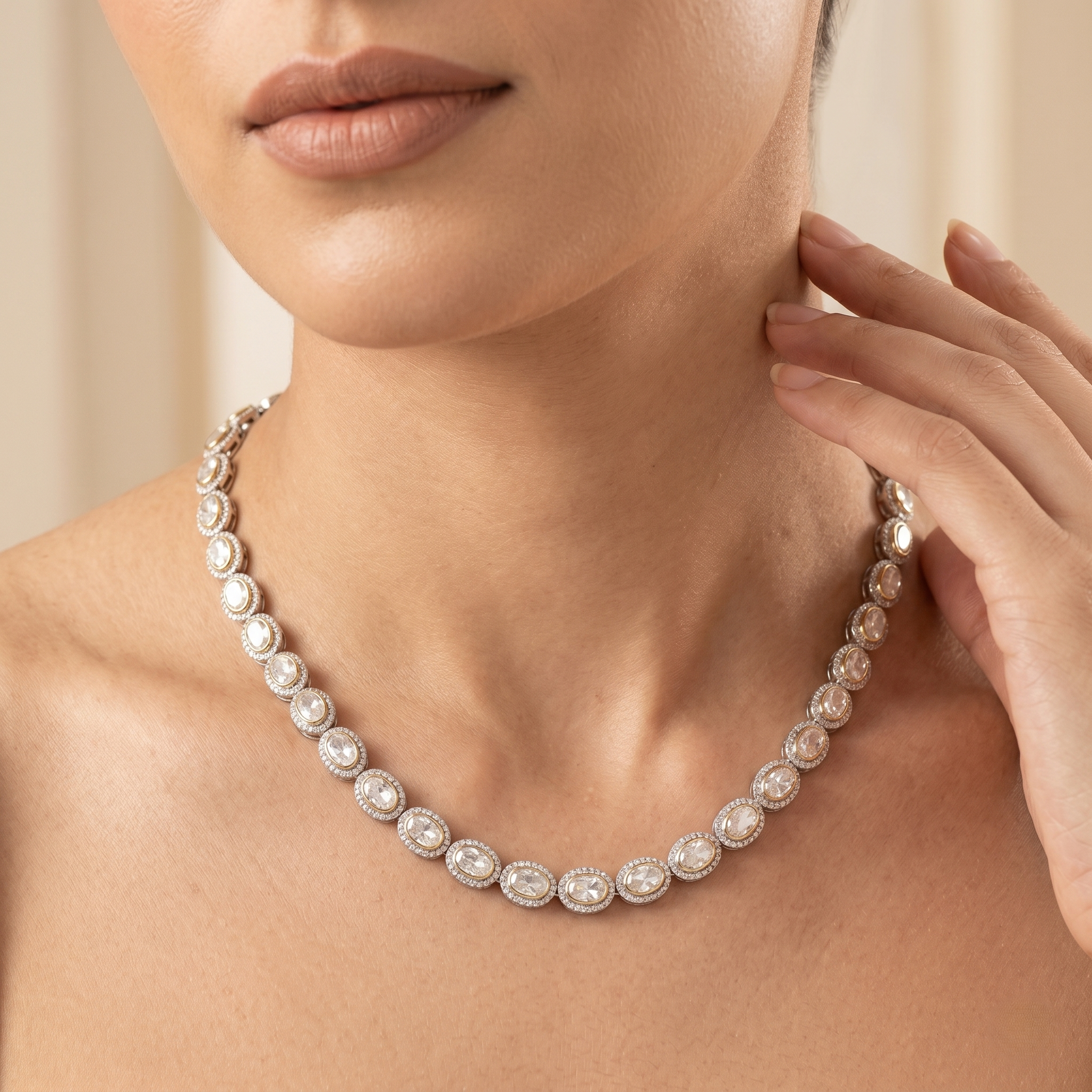 925 Silver Diamond Tennis Necklace | Oval Halo Chain Necklace | Elegant Minimal Luxury Jewelry