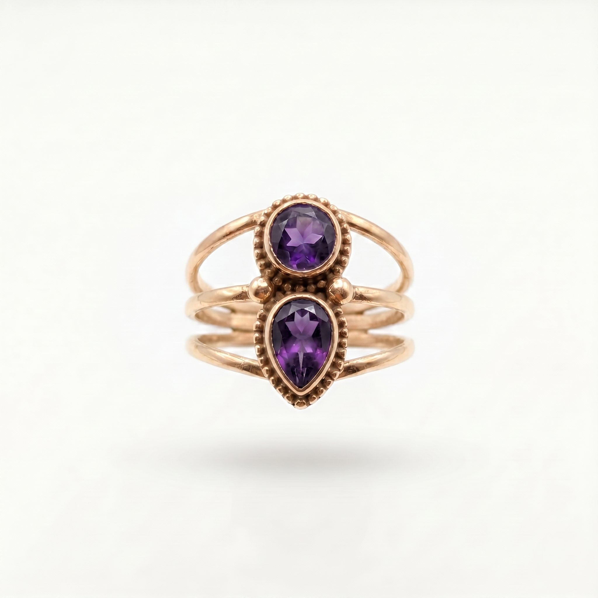 Vintage Boho 925 Sterling Silver Double Amethyst Ring – Pear & Round Two-Stone Statement Ring | Women's Ring | Gift for Her