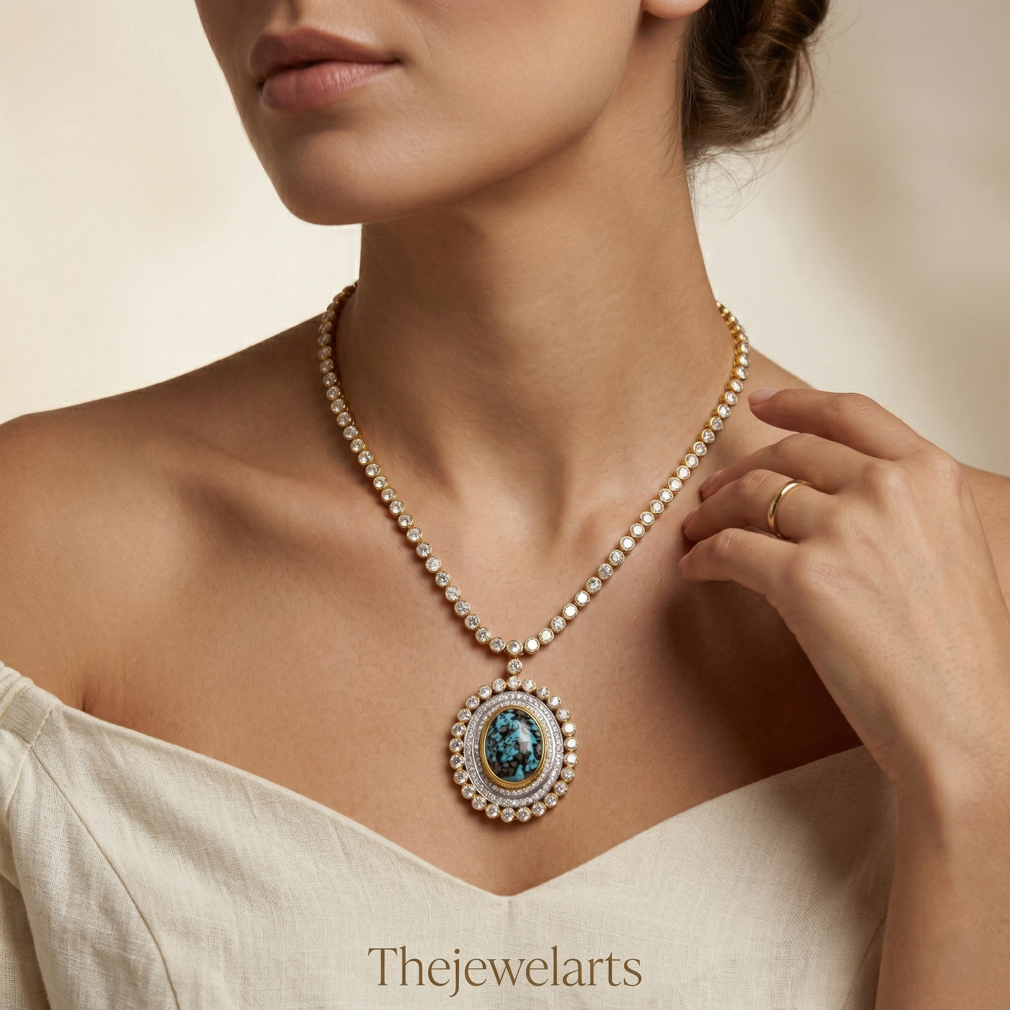 925 Silver Turquoise Pendant Necklace | Polki Halo Statement Necklace | Gold Plated Traditional Jewellery