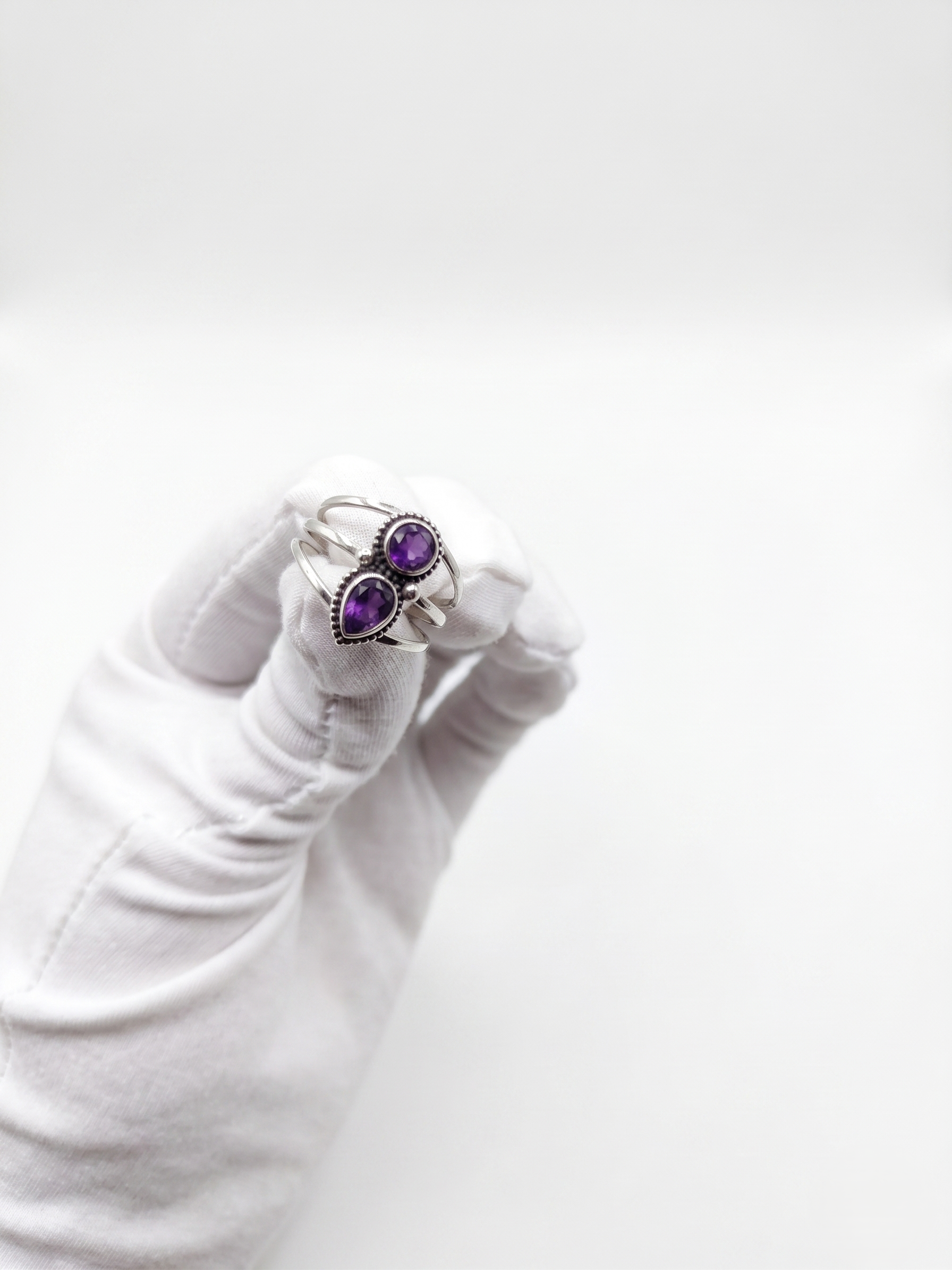 Vintage Boho 925 Sterling Silver Double Amethyst Ring – Pear & Round Two-Stone Statement Ring | Women's Ring | Gift for Her