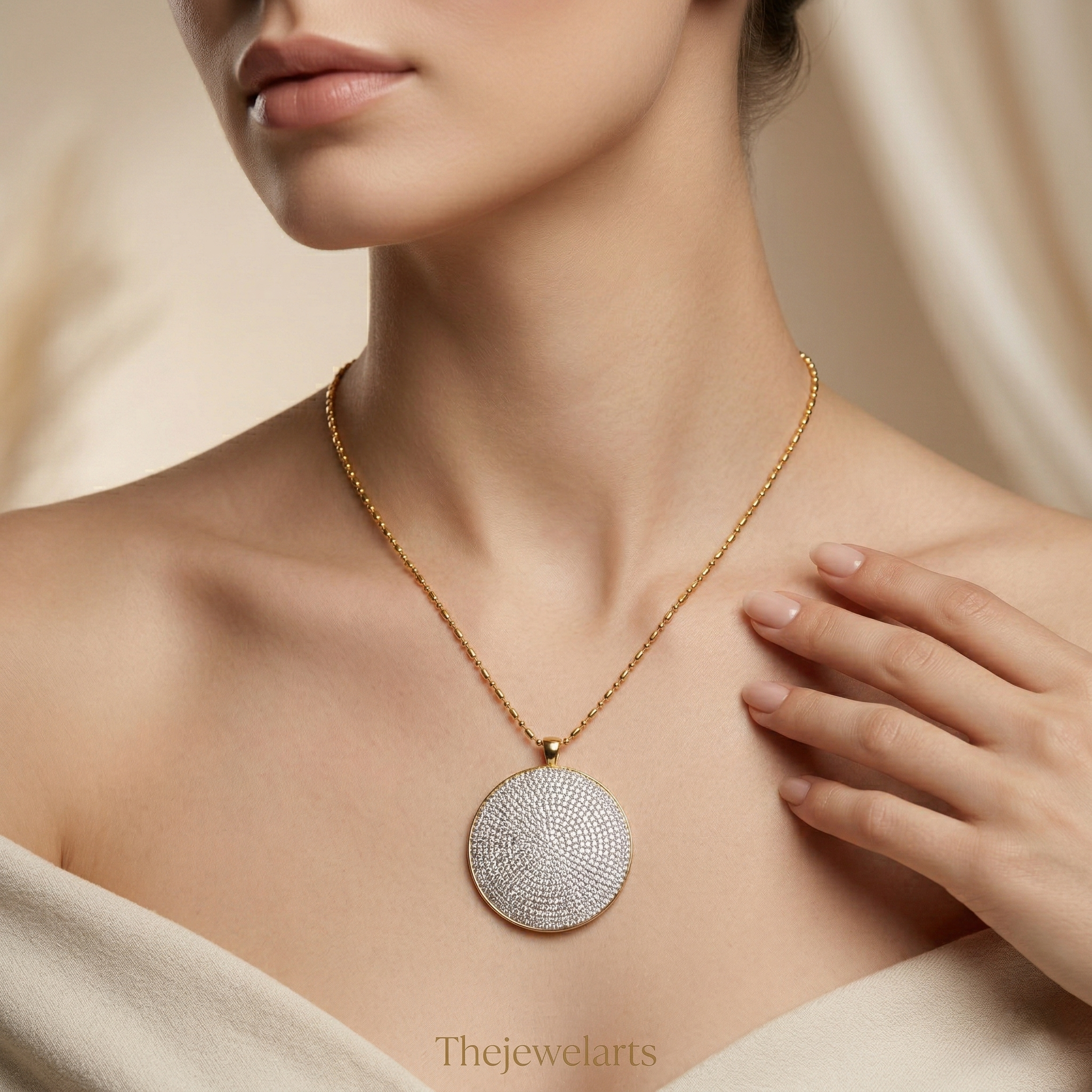 925 Silver Luxury Round CZ Disc Pendant Necklace for Women | Gold Plated Statement Necklace