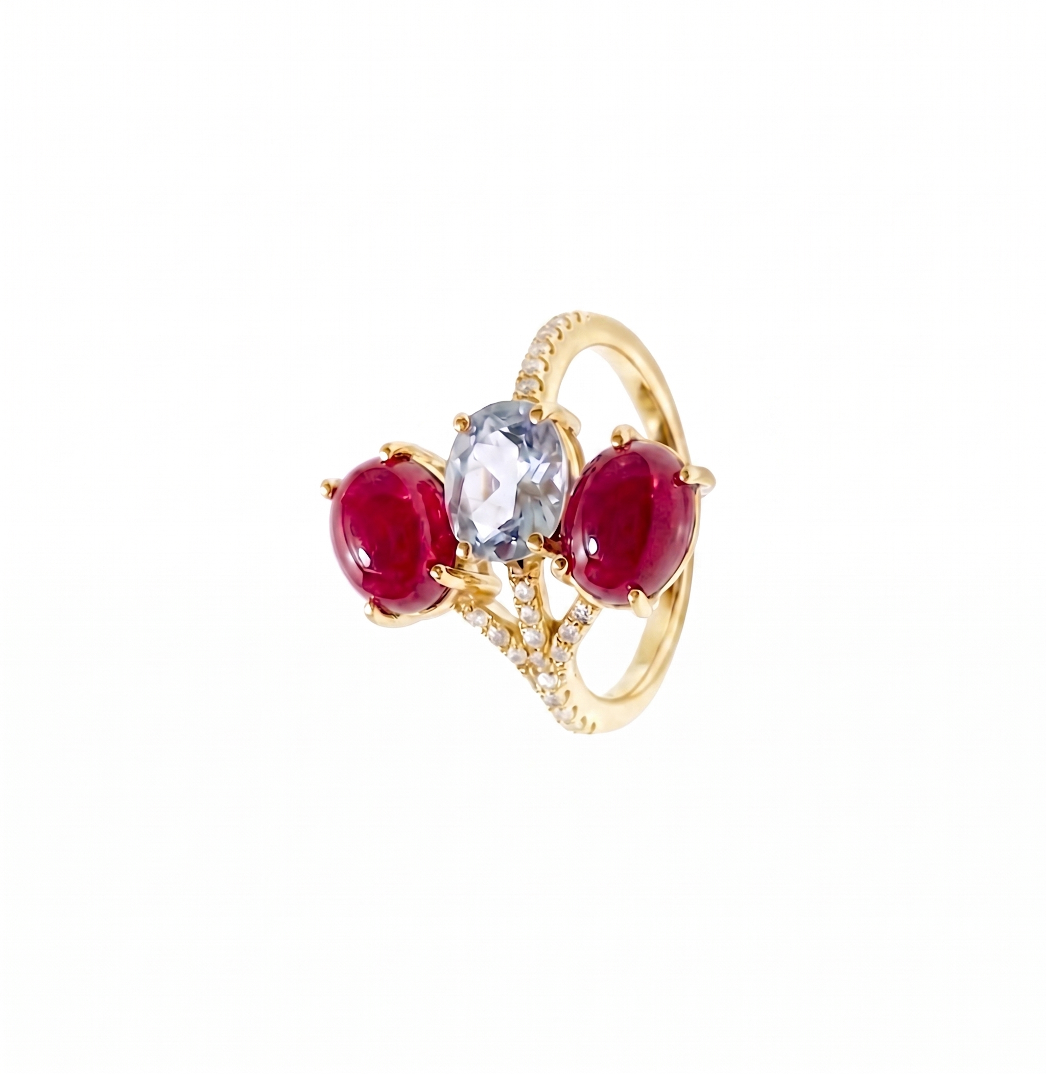 925 Sterling Silver Ruby Red & Sky Blue Three Stone Ring for Women | Oval Cut Gemstone Statement Ring with Cubic Zirconia | Elegant Cocktail Jewelry