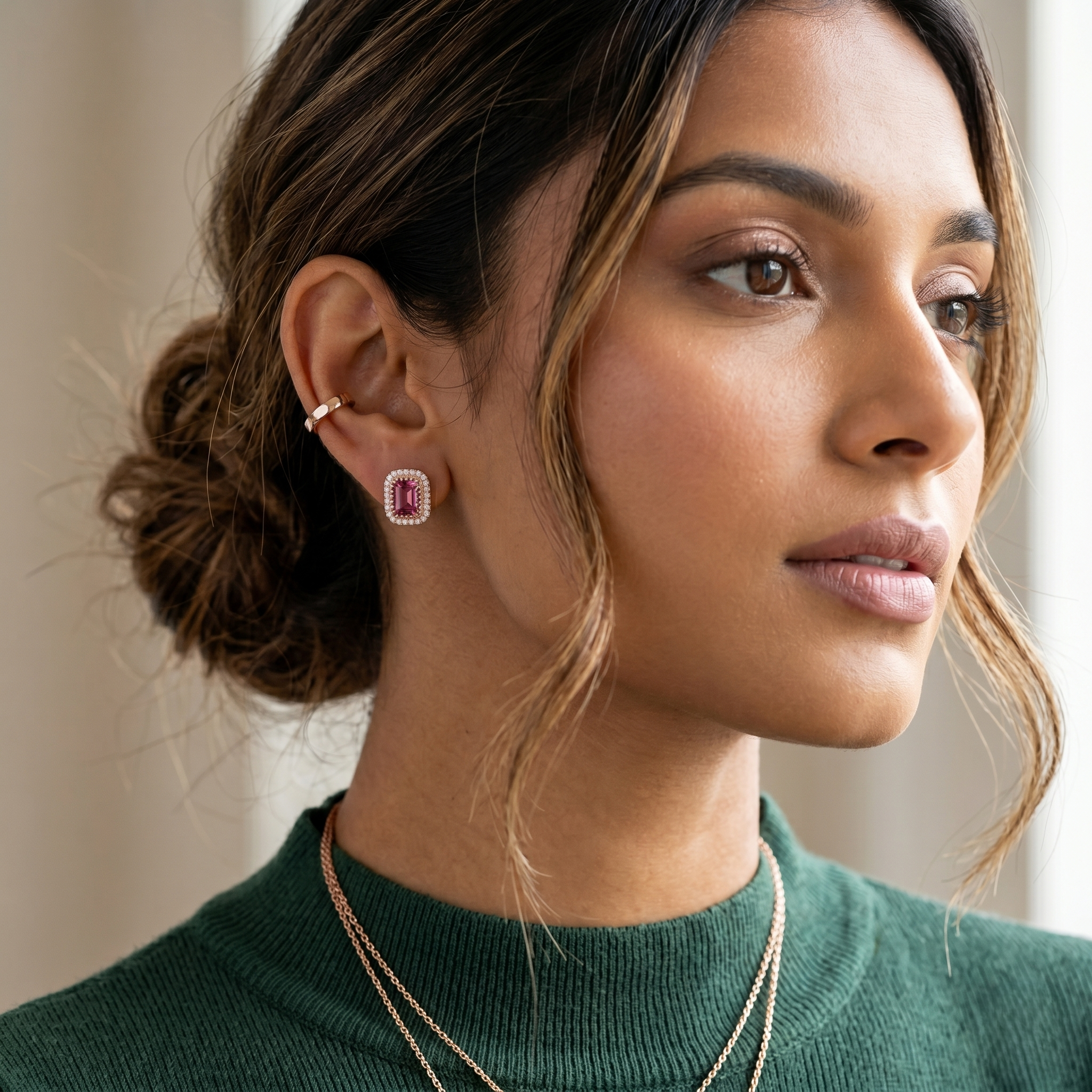 925 Sterling Silver Pink Tourmaline Halo Stud Earrings for Women | Emerald Cut Gemstone Earrings | Sparkling CZ Diamond Accent Earrings | Elegant Everyday Jewelry Gift