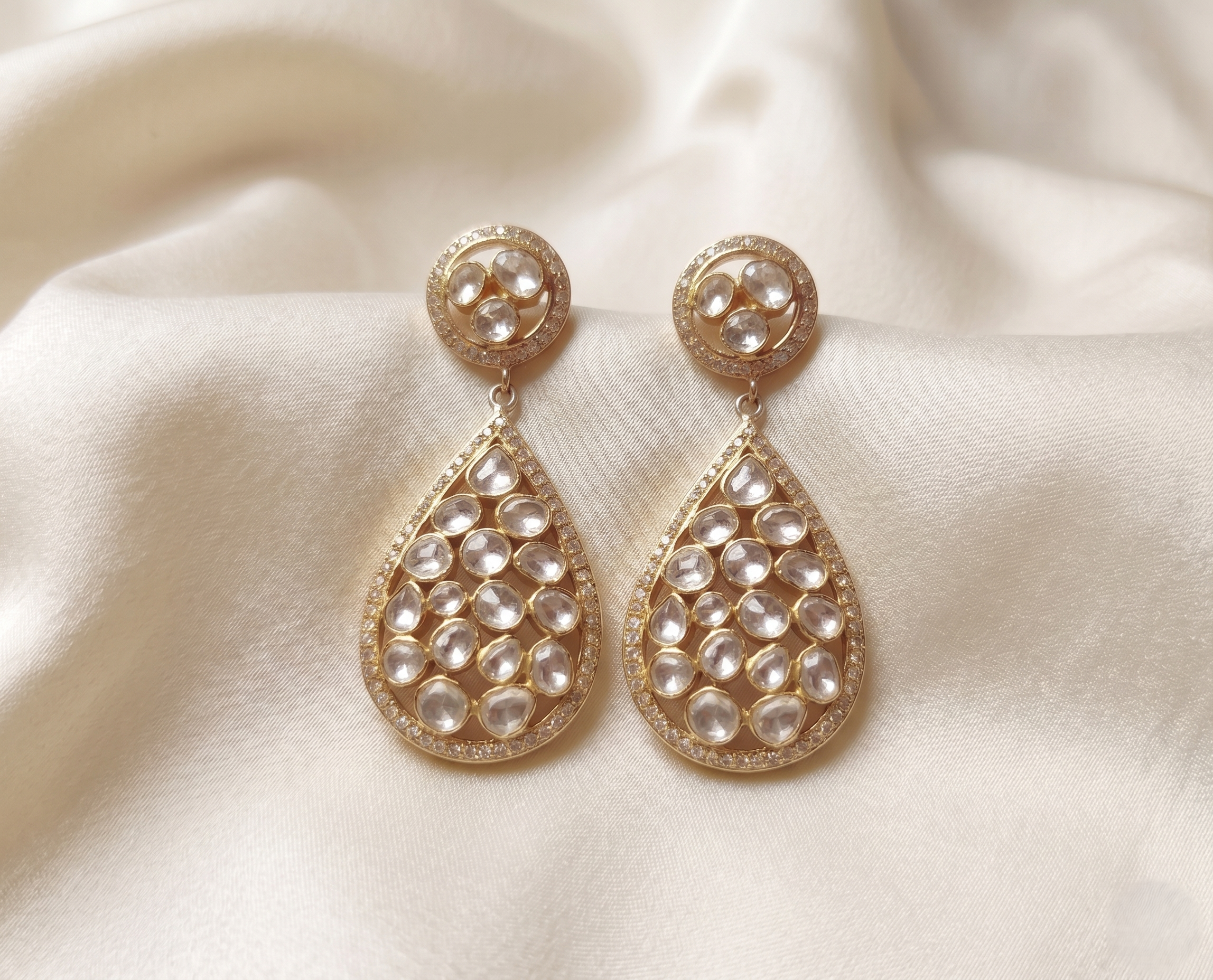 925 Silver Traditional Kundan Teardrop Dangle Earrings in Gold Plated | Ethnic Polki Style Statement Earrings for Women