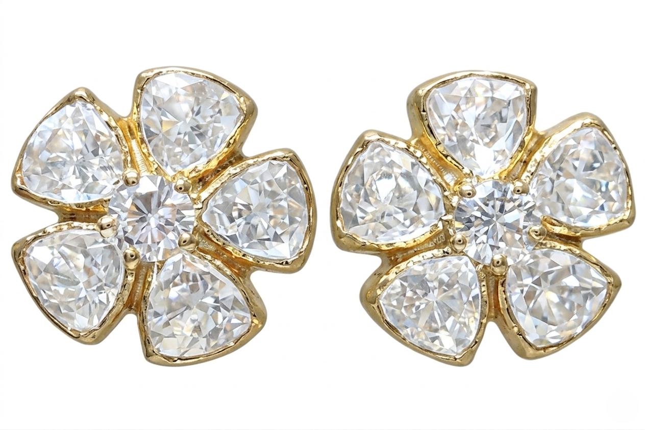 925 Silver Floral Polki Stud Earrings in Gold Plated | Elegant Flower Shape Crystal Earrings for Women