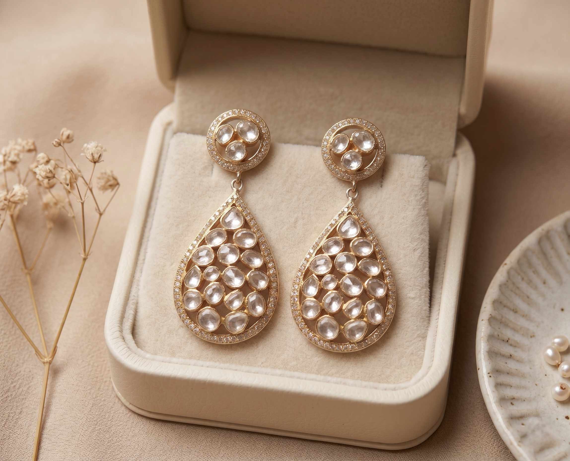 925 Silver Traditional Kundan Teardrop Dangle Earrings in Gold Plated | Ethnic Polki Style Statement Earrings for Women
