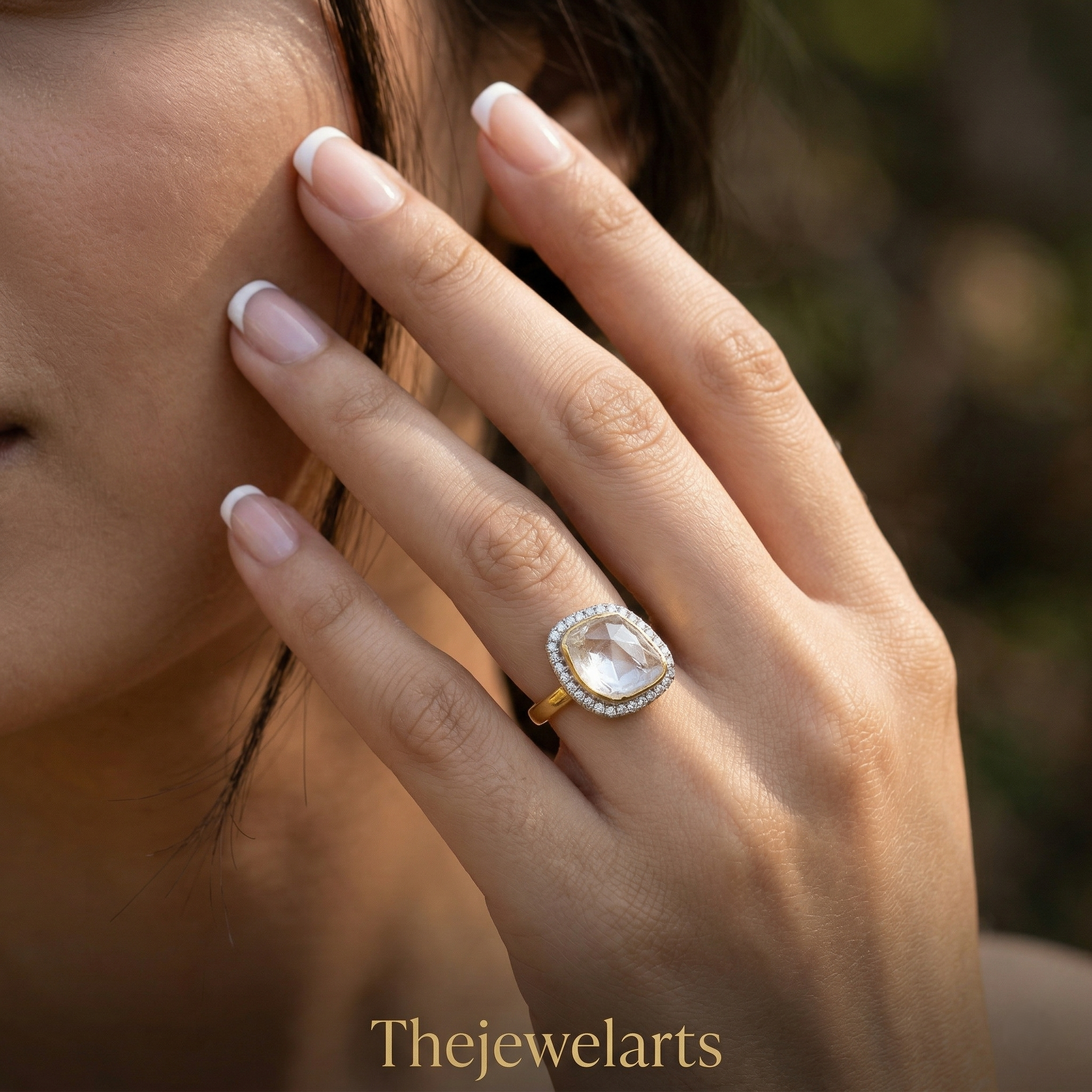 Gold Plated 925 Silver Luxury Cushion Cut Moonstone Halo Ring | Statement Gemstone Ring for Women