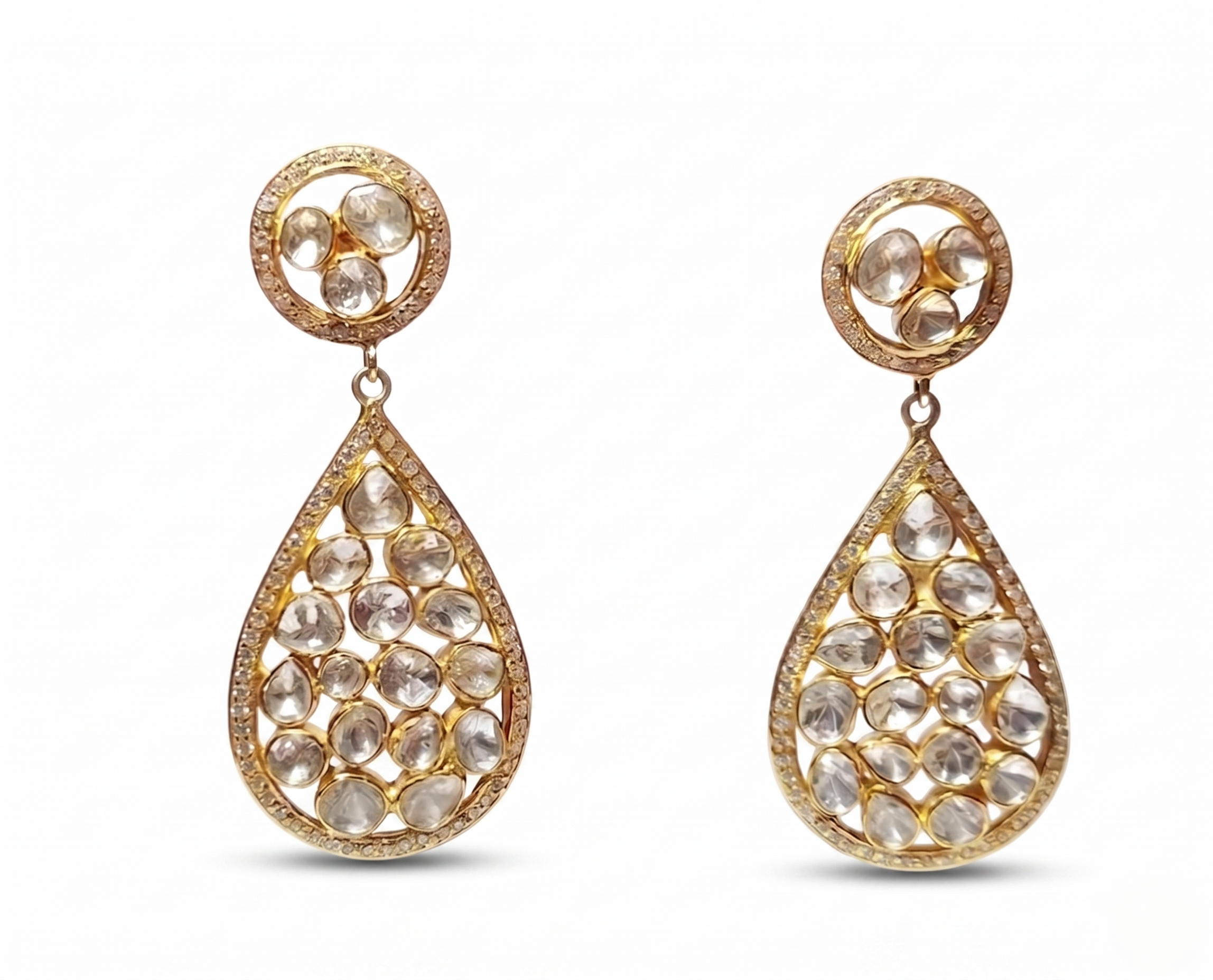 925 Silver Traditional Kundan Teardrop Dangle Earrings in Gold Plated | Ethnic Polki Style Statement Earrings for Women