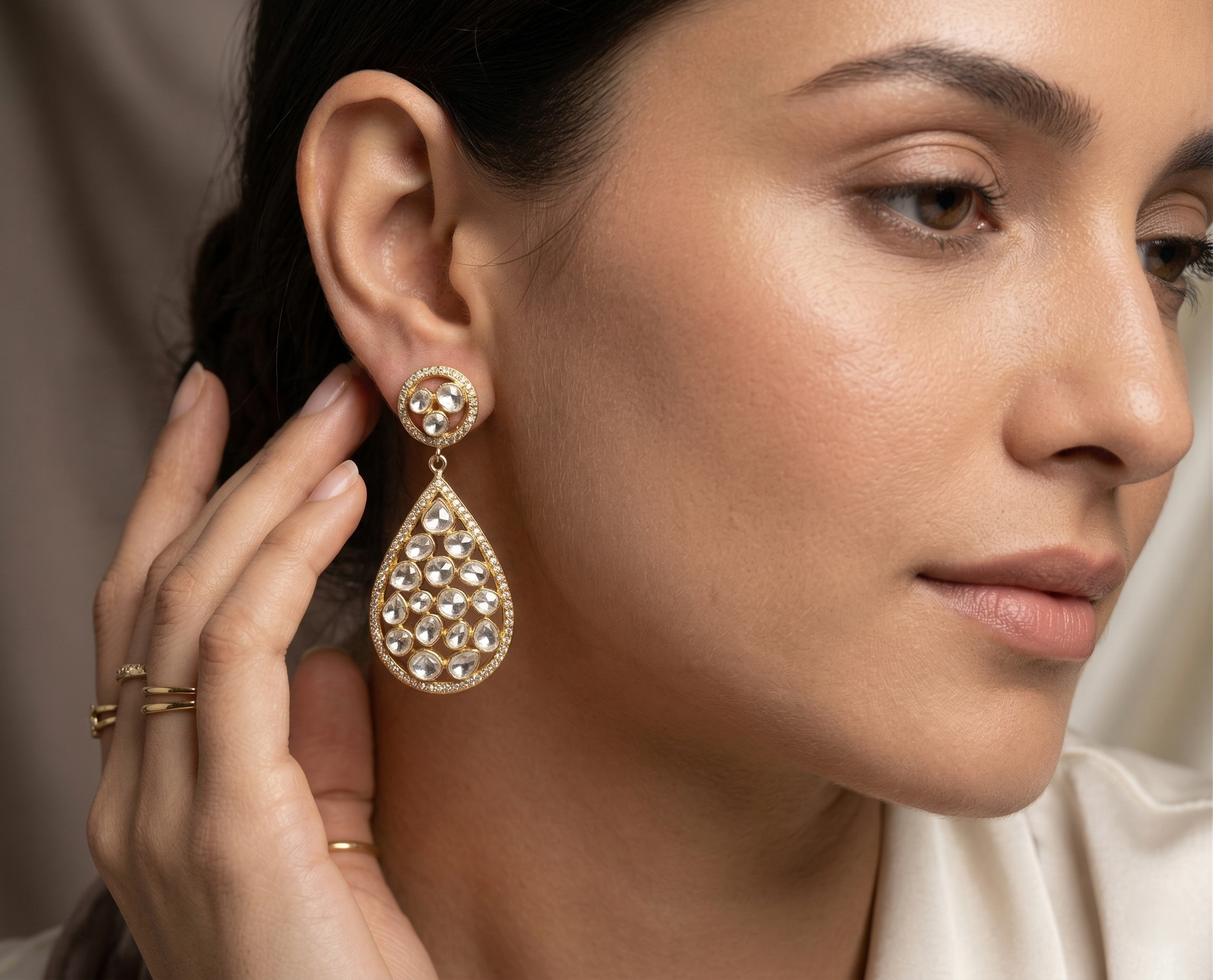 925 Silver Traditional Kundan Teardrop Dangle Earrings in Gold Plated | Ethnic Polki Style Statement Earrings for Women