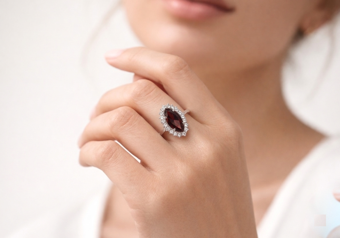 925 Silver Vintage Garnet Halo Ring for Women | Marquise Cut Red Stone Statement Ring