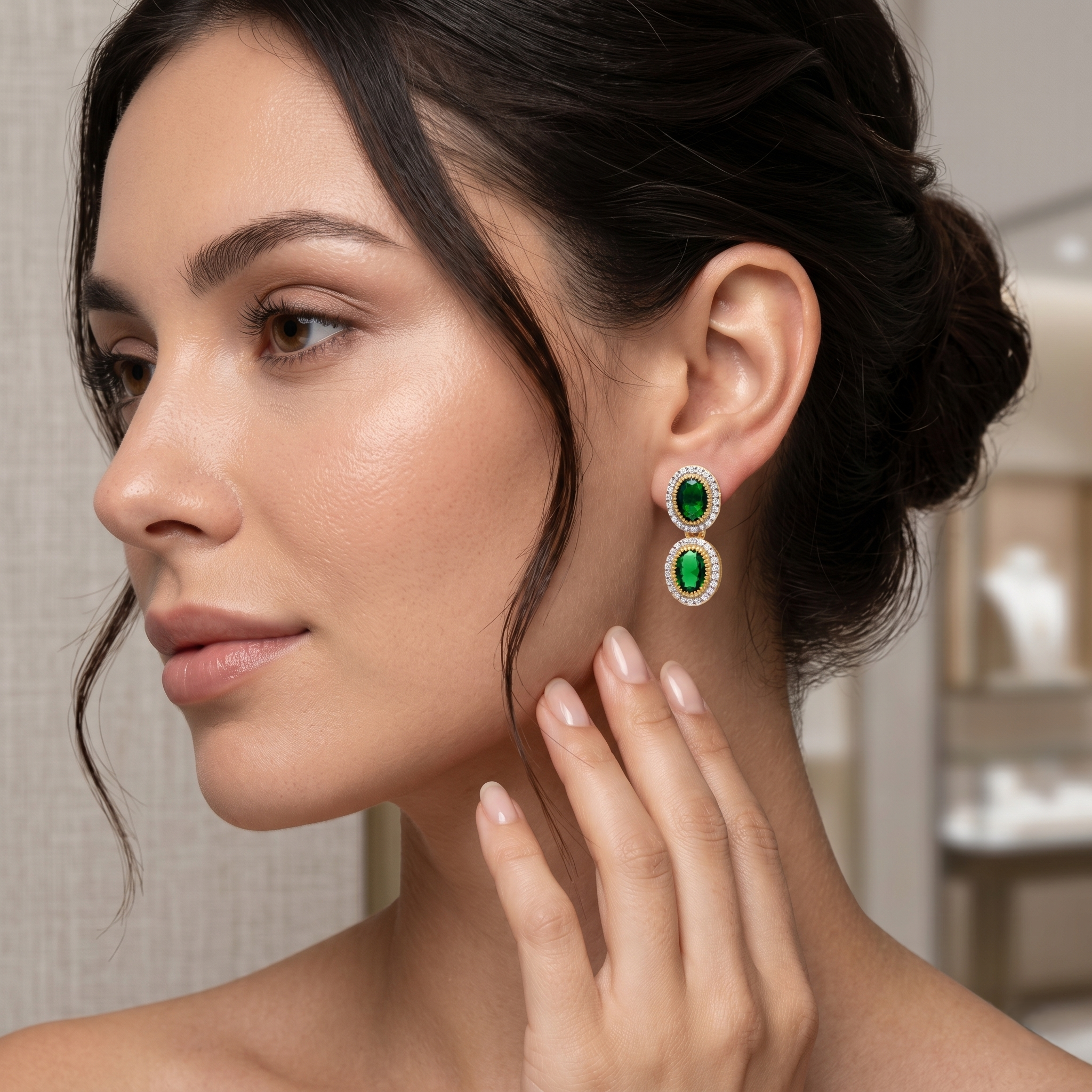 925 Silver Elegant Emerald Green Oval Halo Stud Earrings for Women | Gold Plated CZ Statement Earrings