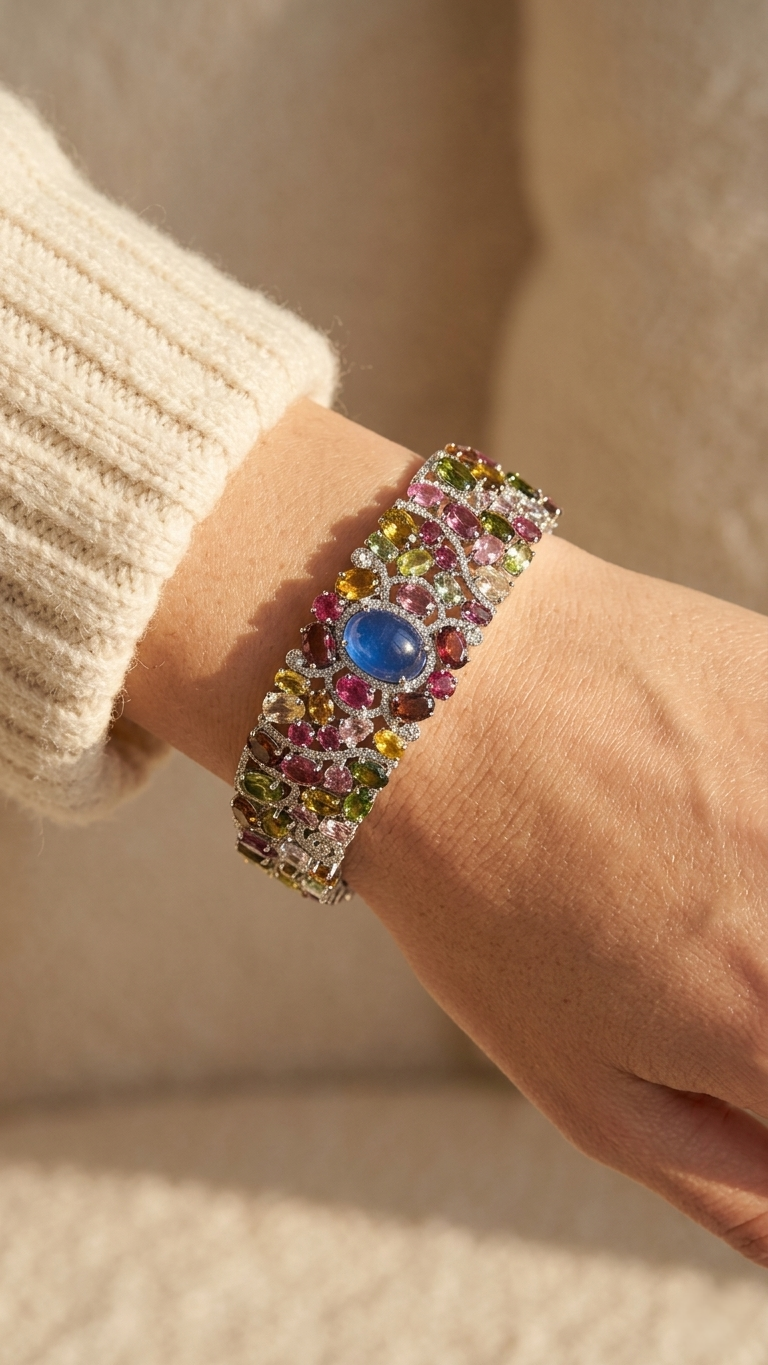 Natural Multi Tourmaline Bracelet for Women in 925 Sterling Silver | Handmade Gemstone Bracelet | Oval Cut Tourmaline Jewelry | Statement Bracelet | Healing Crystal Gift