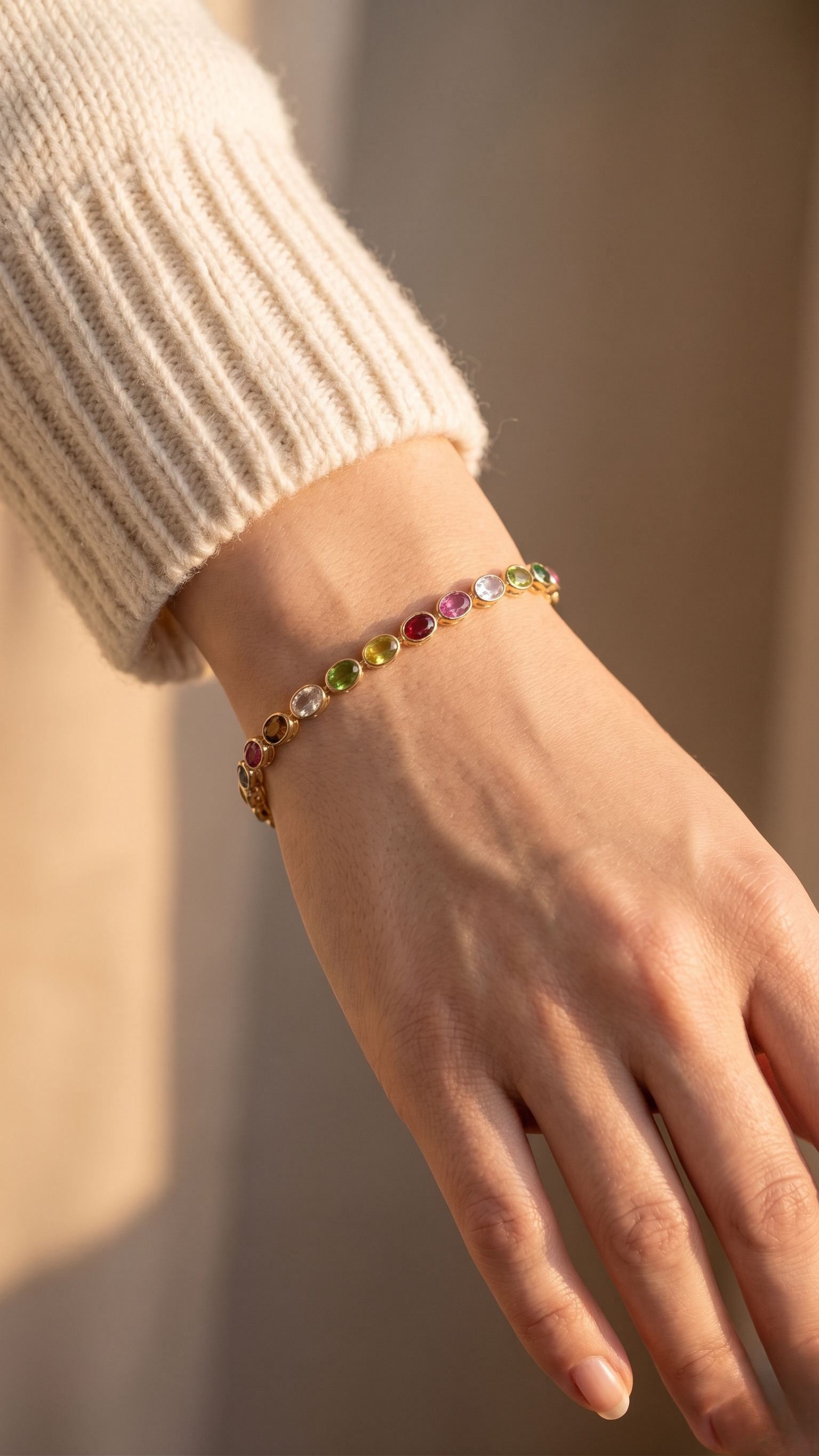 Gold Plated Multi-Gemstone Rainbow Tennis Bracelet | Oval Cut Colorful Stone Link Bracelet for Women | Gift for Her Daughter