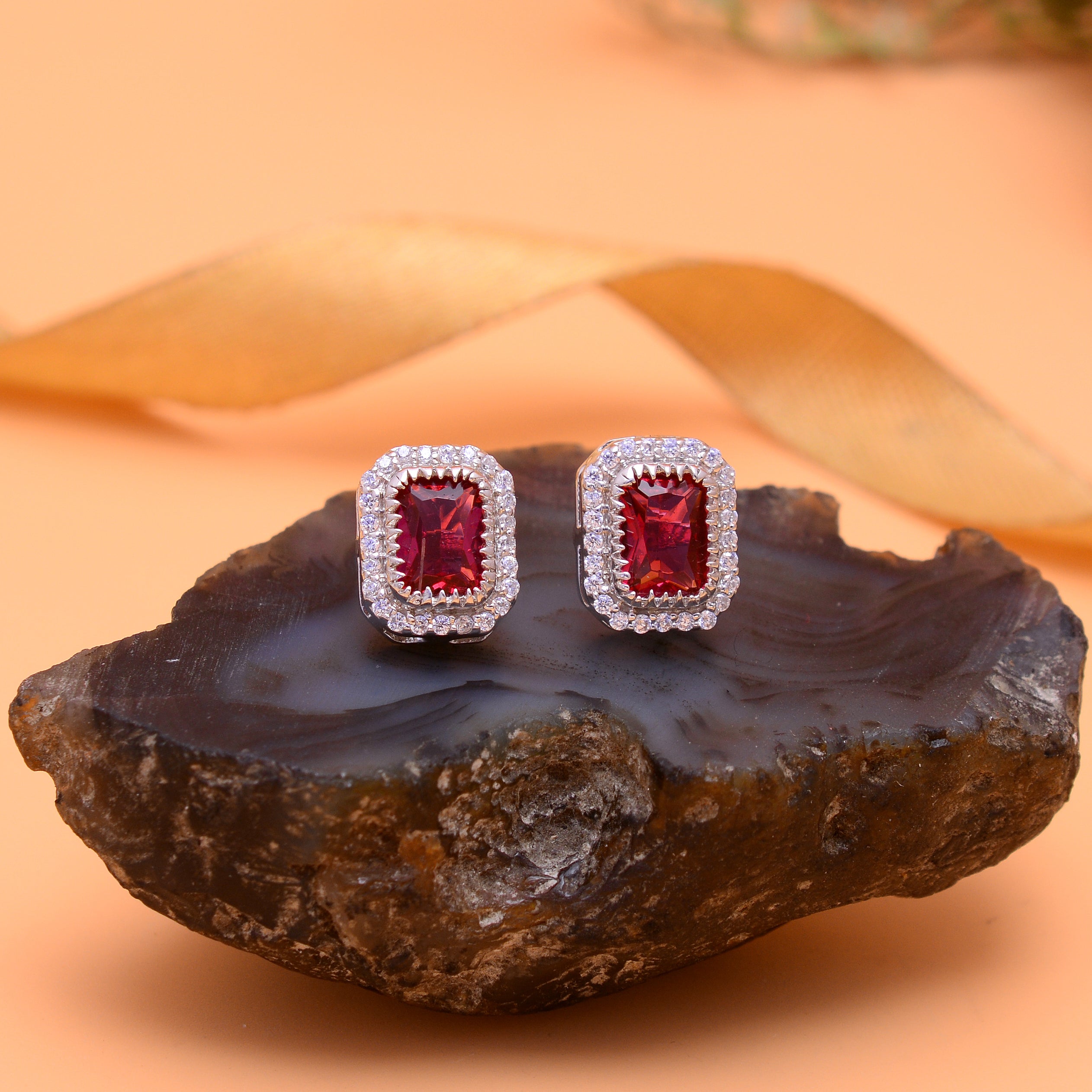925 Sterling Silver Pink Tourmaline Halo Stud Earrings for Women | Emerald Cut Gemstone Earrings | Sparkling CZ Diamond Accent Earrings | Elegant Everyday Jewelry Gift