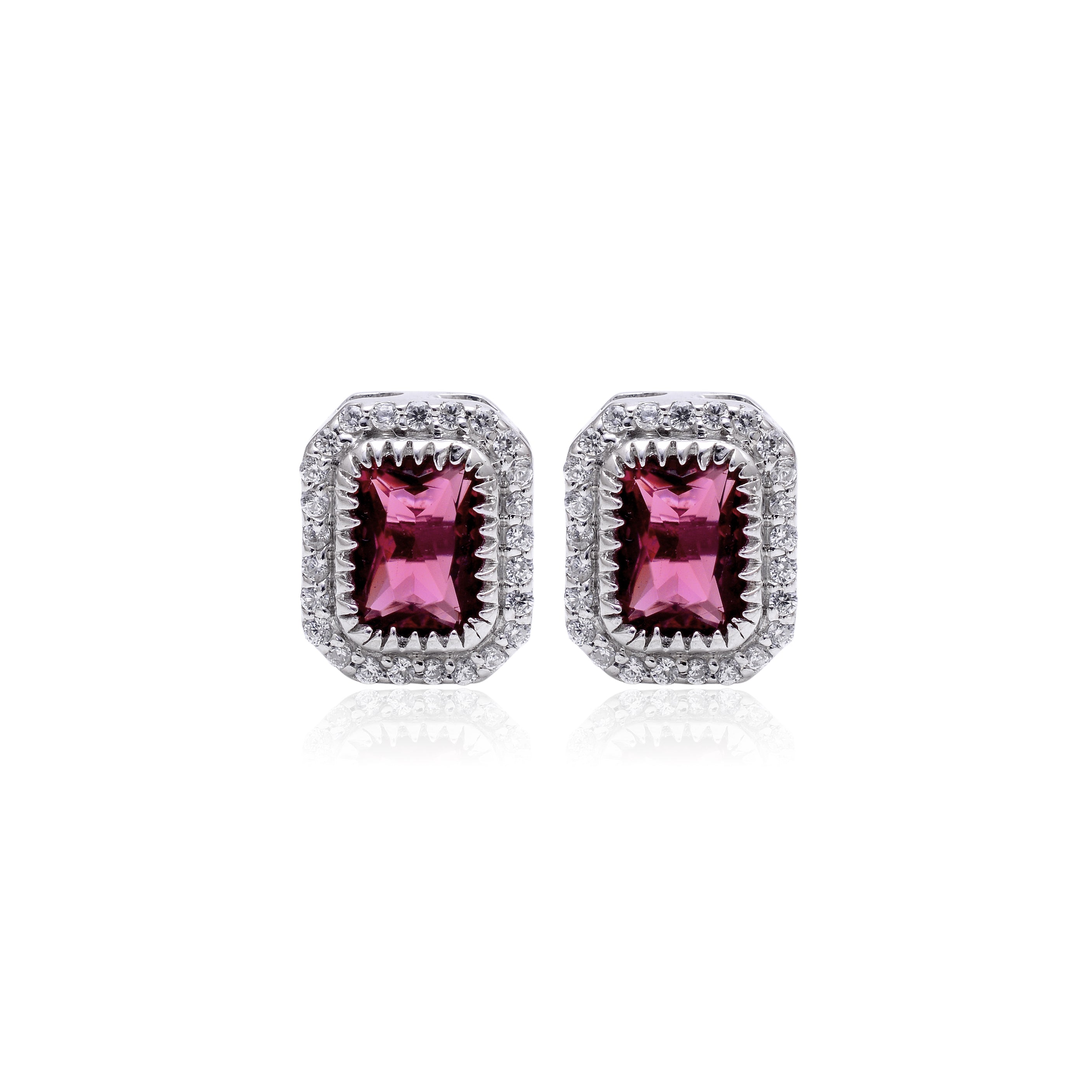 925 Sterling Silver Pink Tourmaline Halo Stud Earrings for Women | Emerald Cut Gemstone Earrings | Sparkling CZ Diamond Accent Earrings | Elegant Everyday Jewelry Gift